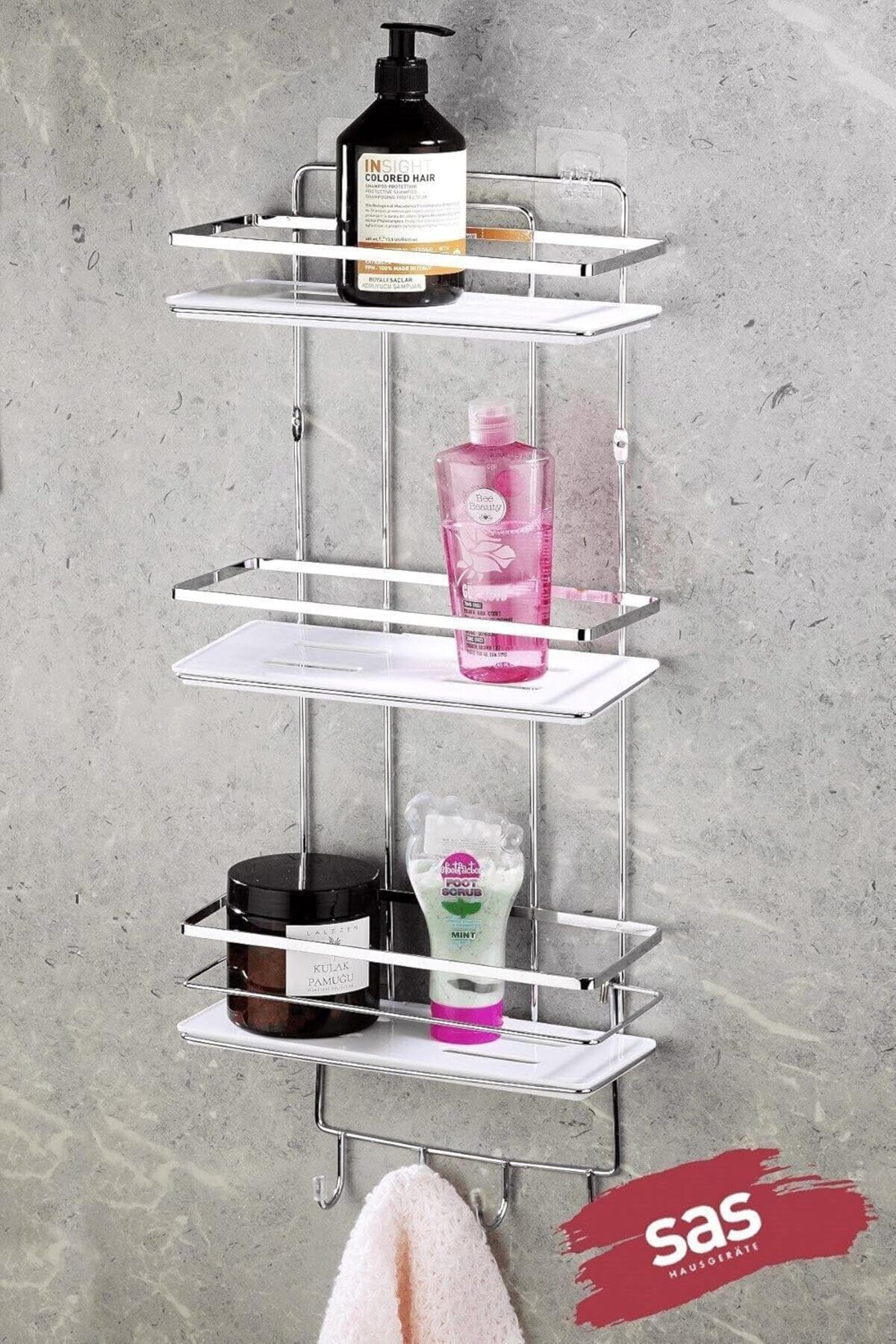 yenibagshop Haus Yapışkanlı Ömür Boyu Paslanmaz Ayarlanabilir Raf Banyo Düzenleyici Şampuanlık Krom-beyaz Lş-03