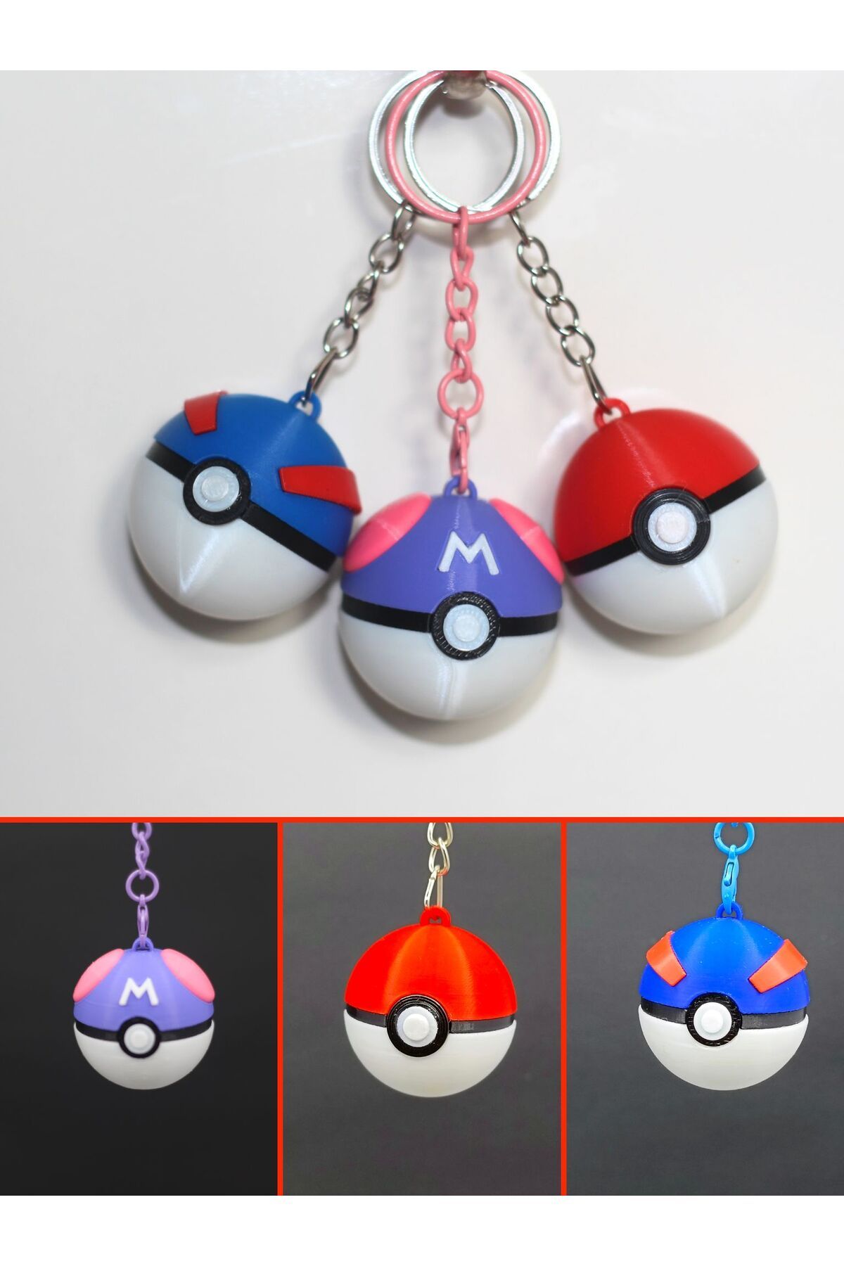 Pokeball Pokemon topu anahtarlık & çanta süsü 3'lü set