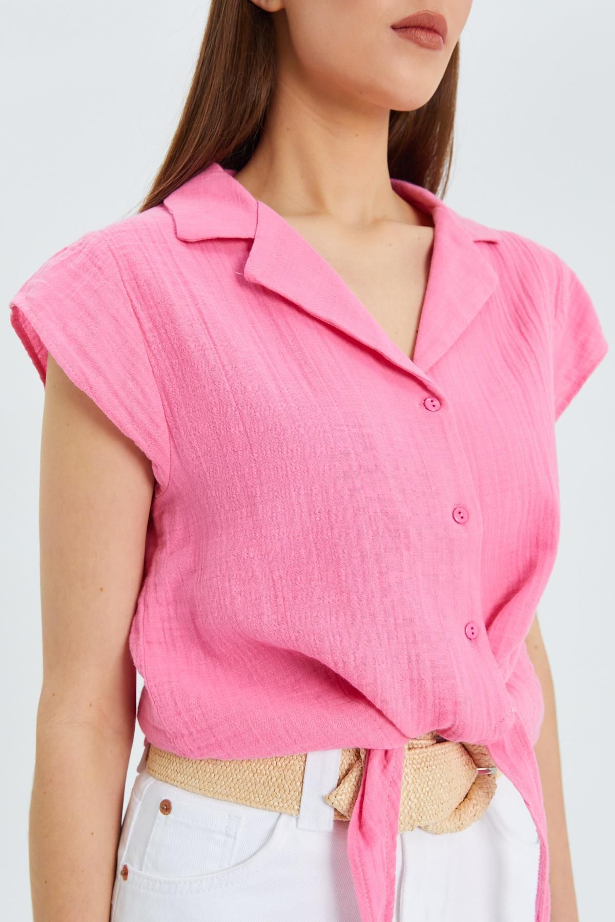 Mixray-Cămașă Crop de muselină roz model 4555 - Femei, cu cravată în față 4