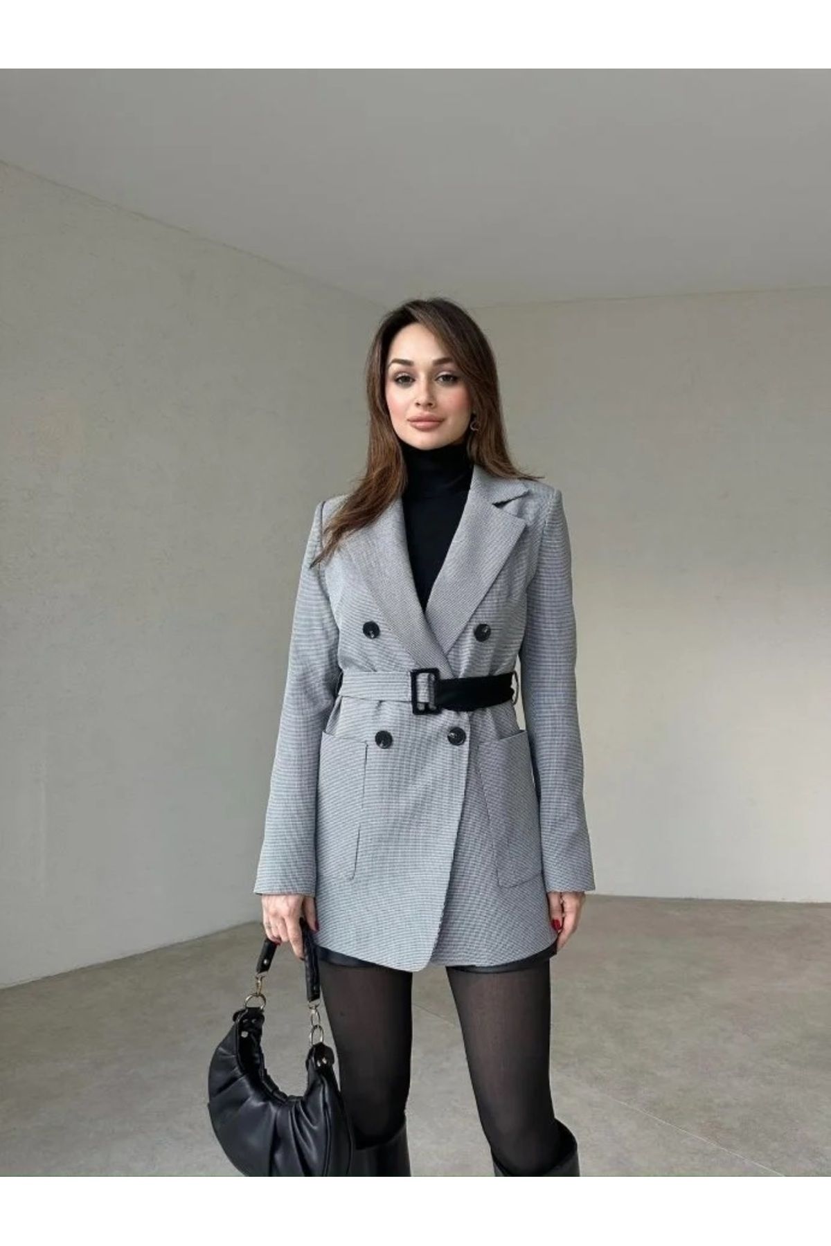 Rabia Çelik Kadın Gri Kemerli Potikareli Uzun Blazer Ceket