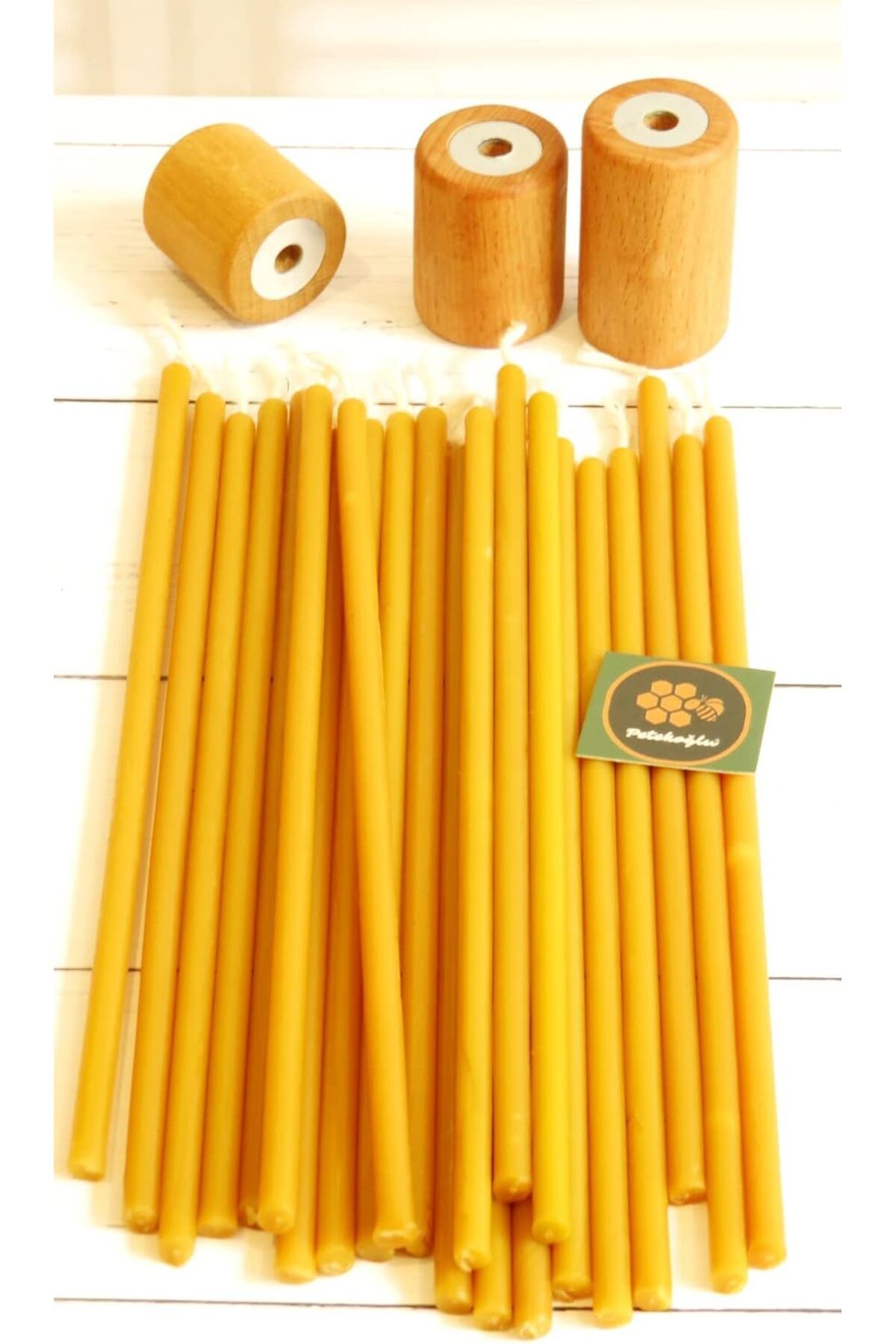 STOREMAX mrttnca (50 Adet) Balmumu Mum Ve (3 Adet) Özel Dizayn Ahşap Silindir Mumluk Dilek Mumu Doğal Pete