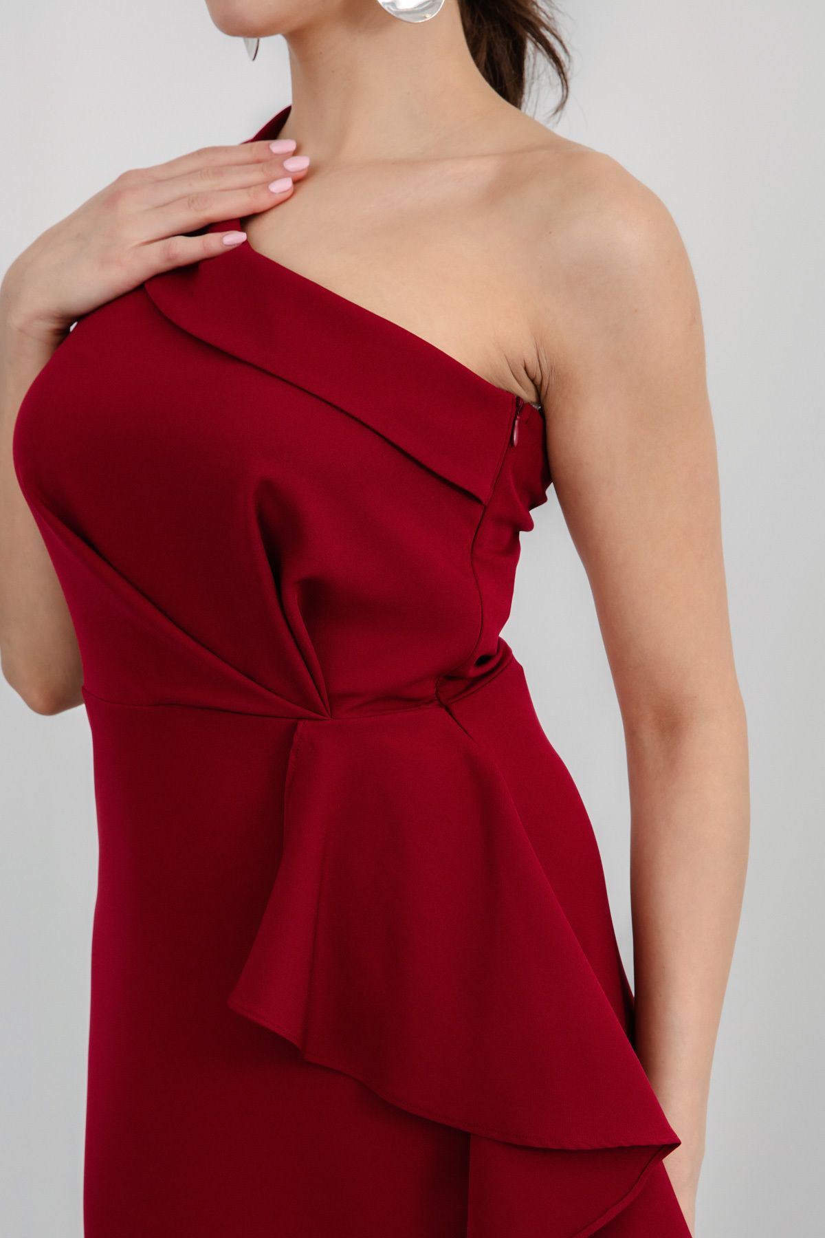 Lafaba-Women's Burgundy One Shoulder Ruffle Midi Dress 4