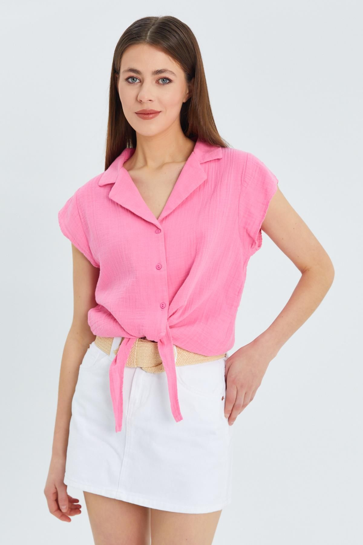 Mixray-Cămașă Crop de muselină roz model 4555 - Femei, cu cravată în față 5
