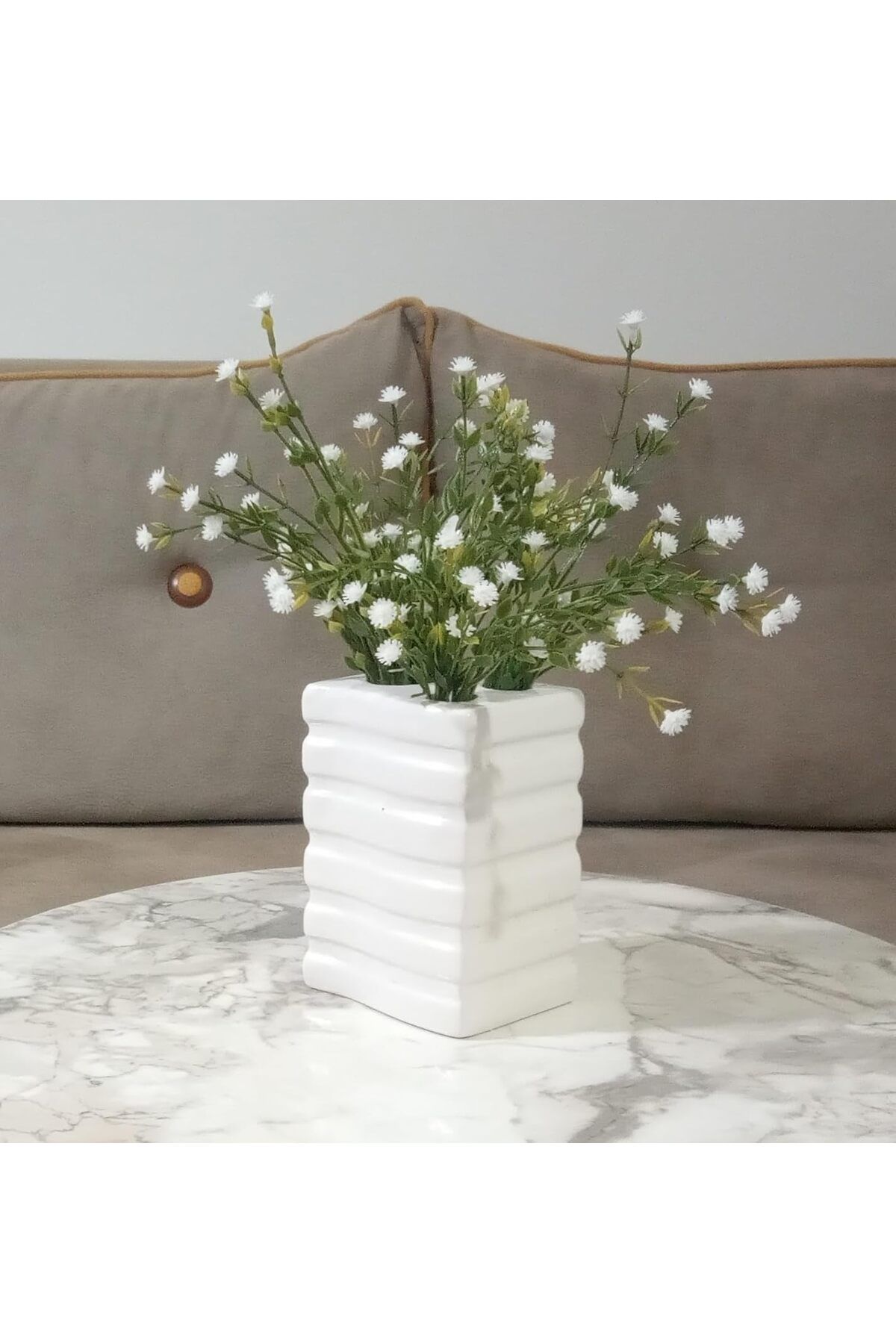 STOREMAX mrttnca DAHİL,VAZO DAHİL,VAZODA ÇİÇEK,BEYAZ YAPAY ÇİÇEK,VAZO DEKORATİF KARE ÇİZGİLİ 8X6