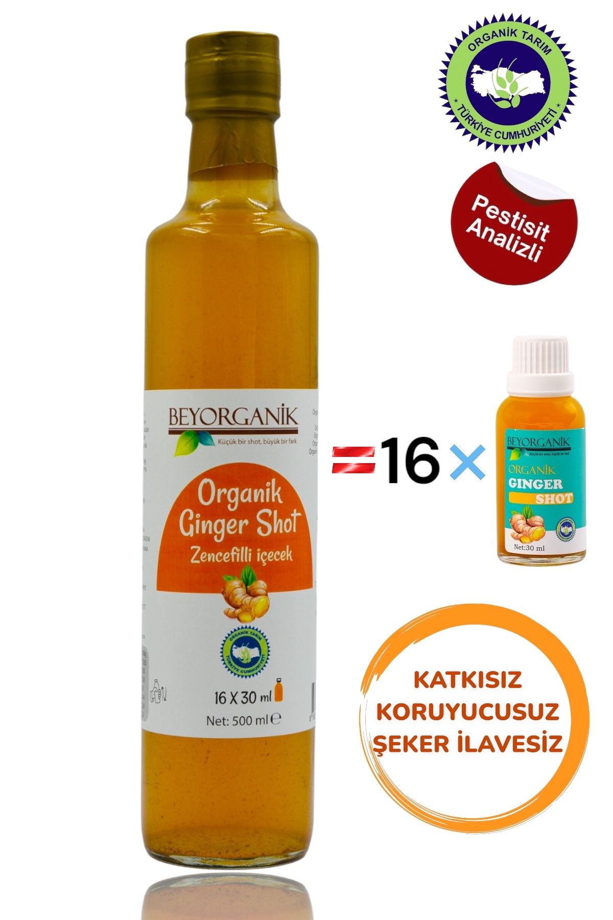 BEYORGANİK Organik Ginger Shot Zencefilli içecek 500ml = 16x30 ml