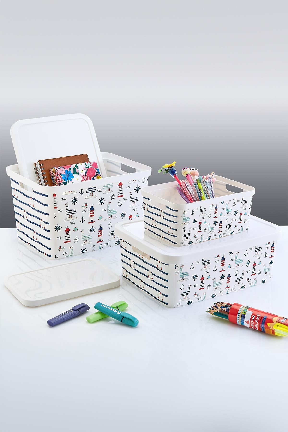 Smartware-Set of 3 Stafi Patterned Box with Lid Marine (4.5-12-18 Lt) 2