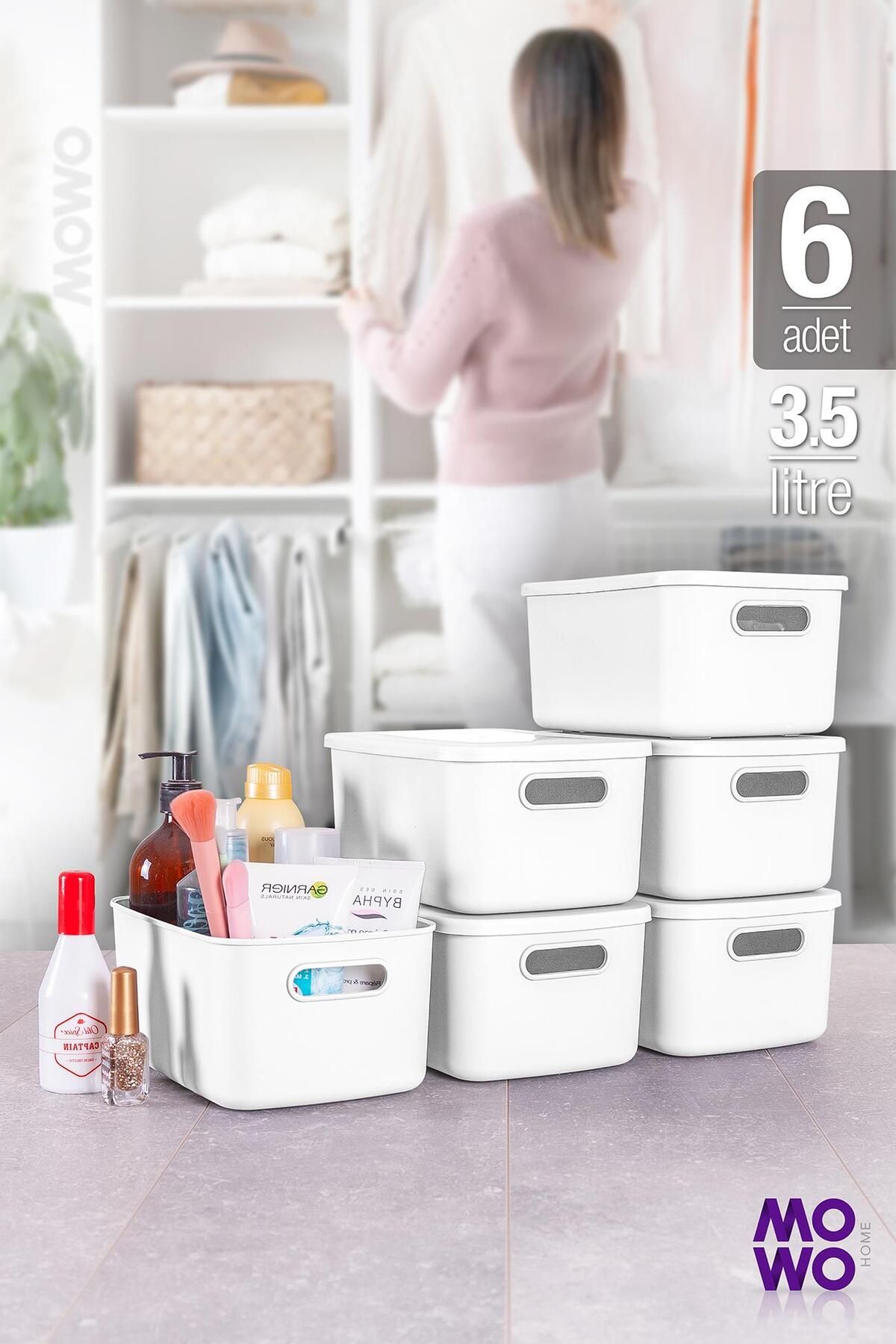 Mowo Home Retro Box 6’lı Beyaz 3,5 Lt Çok Amaçlı Düzenleyici Kapaklı Saklama Kutu, Organizer, Storage