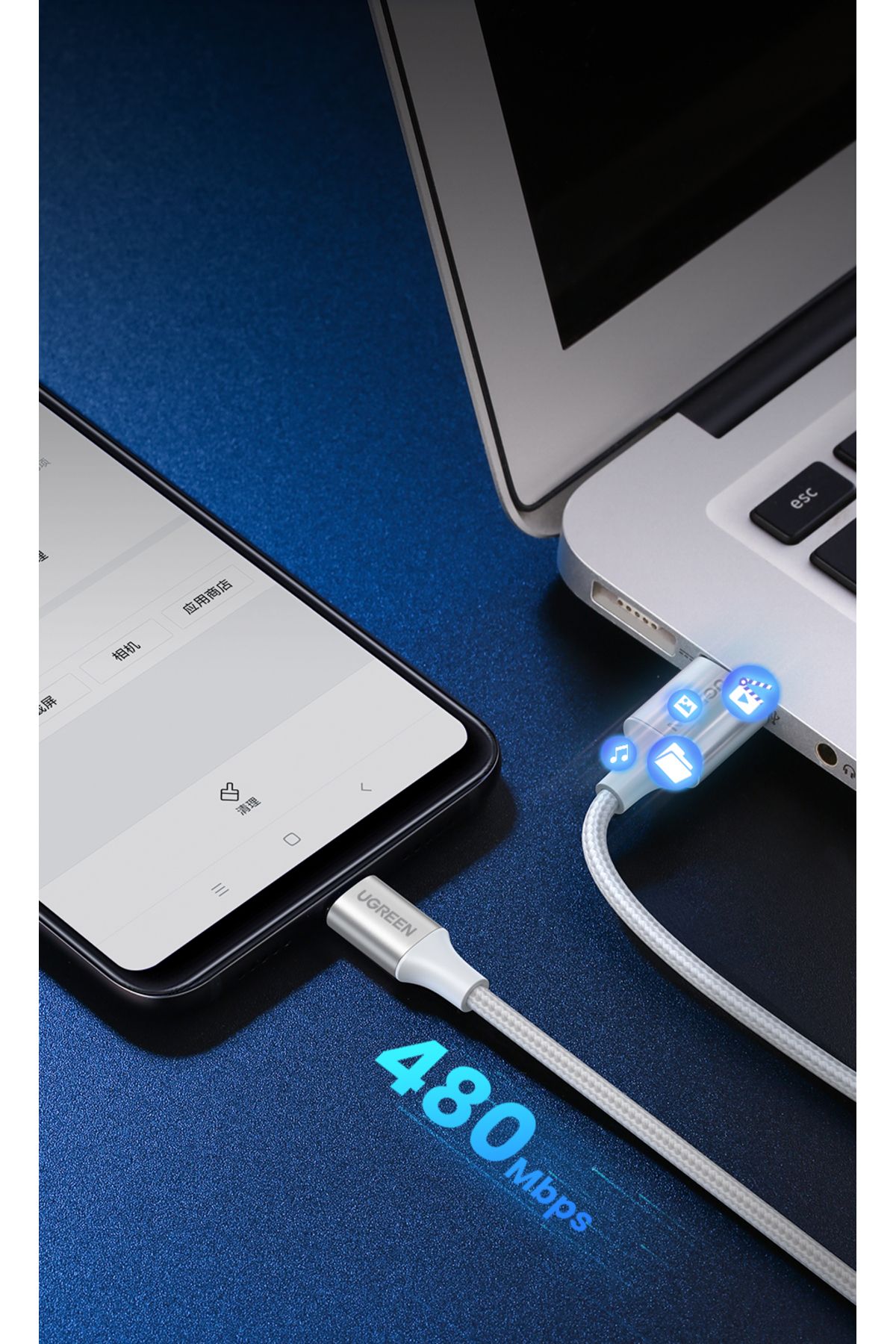 Ugreen USB-C to USB-A 3A QC Örgülü Hızlı Şarj Kablosu 3 Metre Gümüş Beyazı - 60409