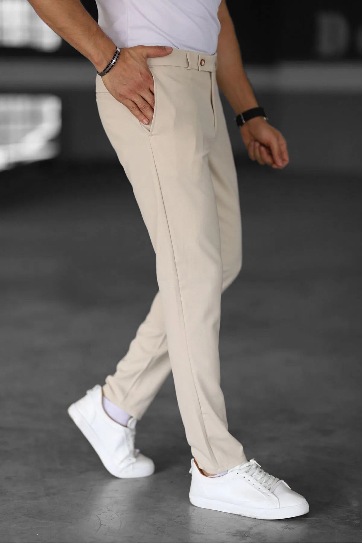 NO1 KONSEPT-Men's Beige Lycra Italian Cut Ankle Length Fabric Trousers 3