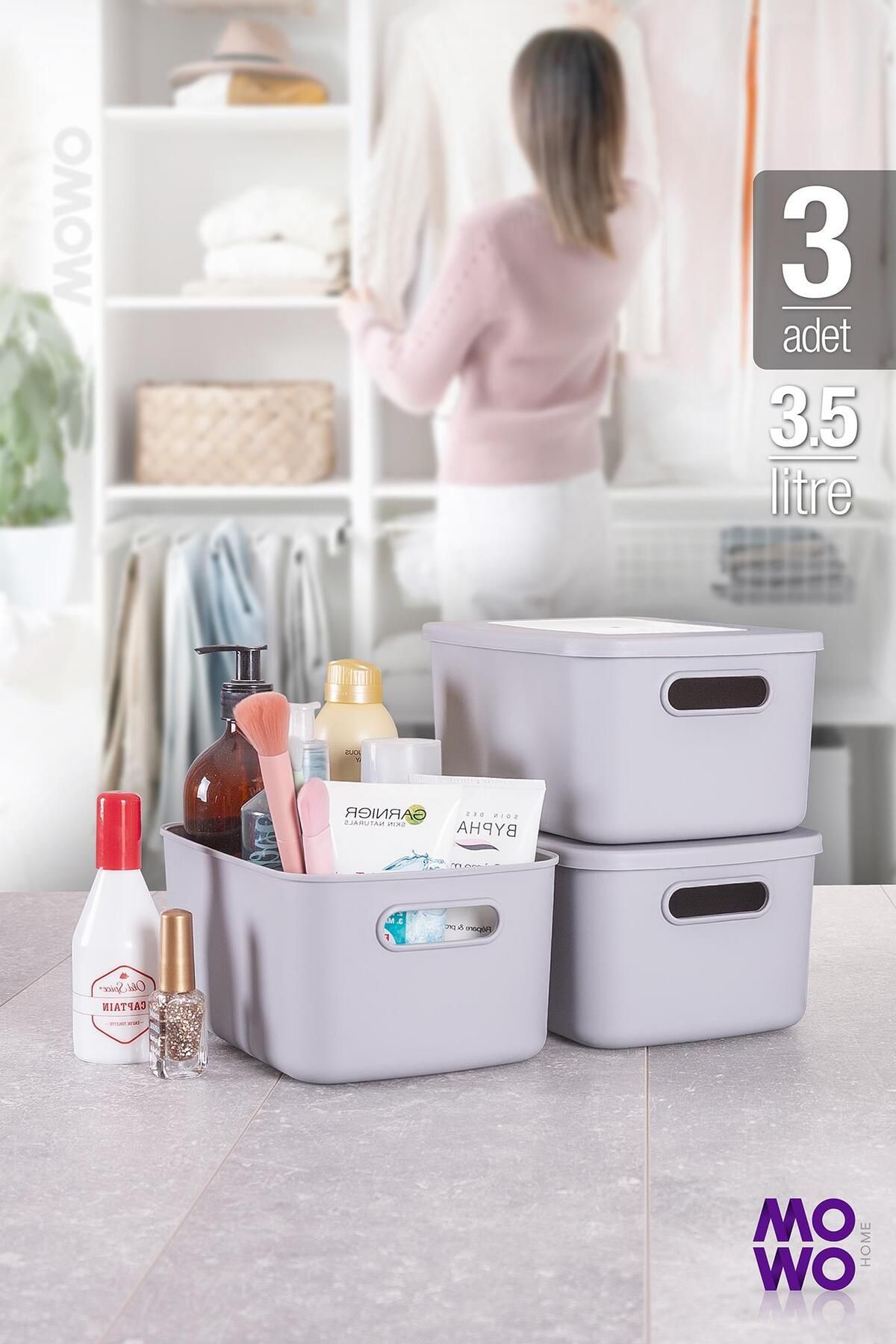 Mowo Home Retro Box 3'lü Gri 3,5 Lt Çok Amaçlı Düzenleyici Kapaklı Saklama Kutu, Organizer, Storage