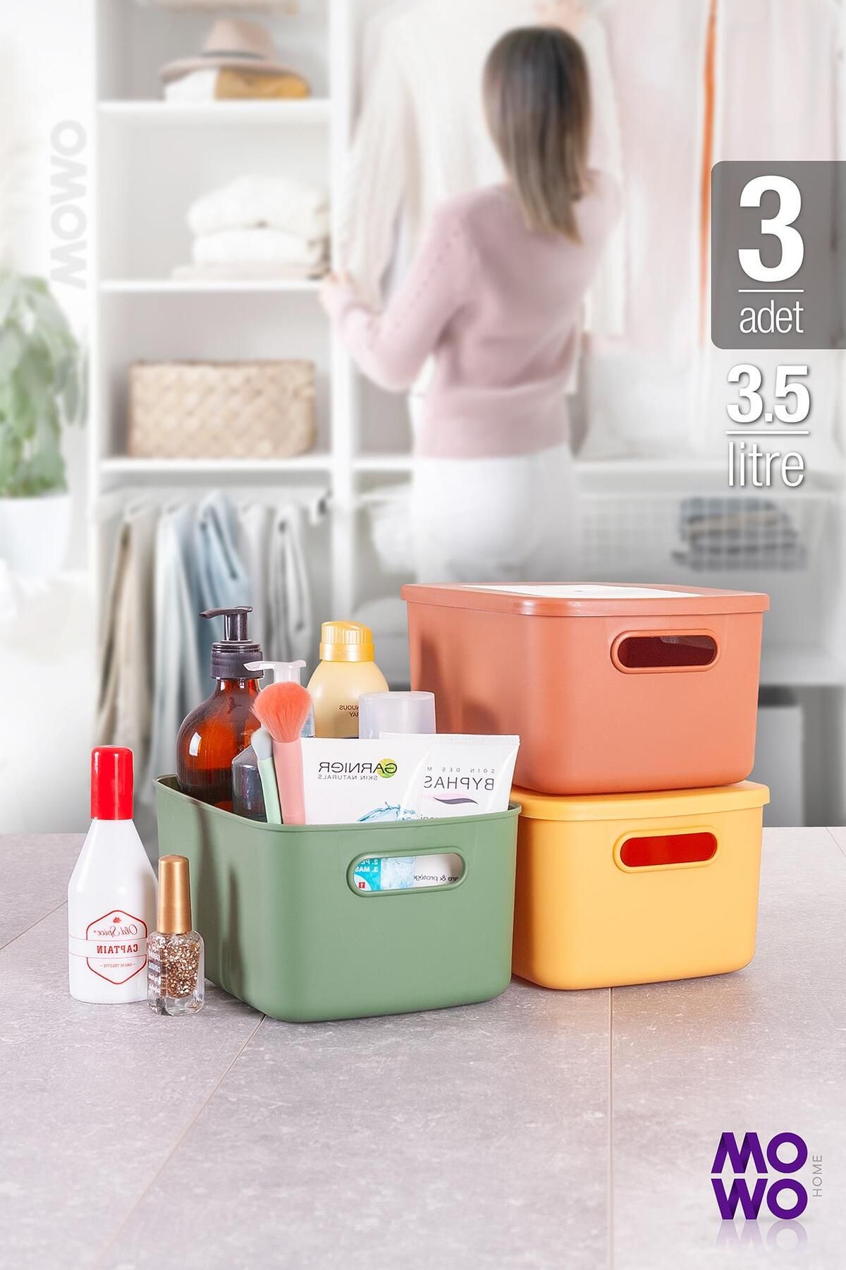 Mowo Home Retro Box 3’lü Mix 3,5 Lt Çok Amaçlı Düzenleyici Kapaklı Saklama Kutu, Organizer, Storage