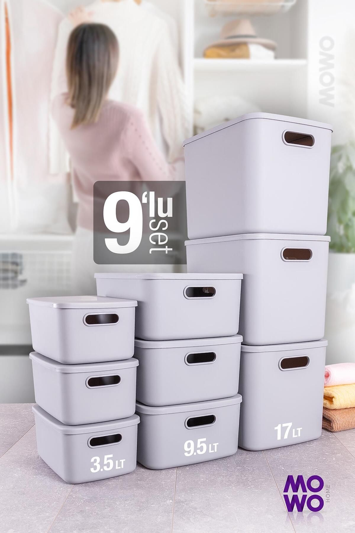 Mowo Home Retro Box 9’lu Gri Çok Amaçlı Düzenleyici Kapaklı Saklama Kutu, Organizer, Storage