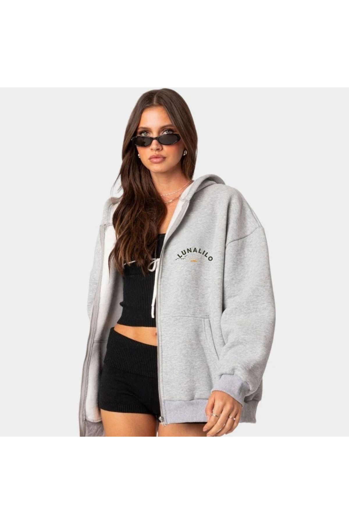 Hultabs %100 Pamuk, Şardonlu, Melanj Gri, Penye Kalite LUNALILO Baskılı Oversize Fermuarlı Hoodie