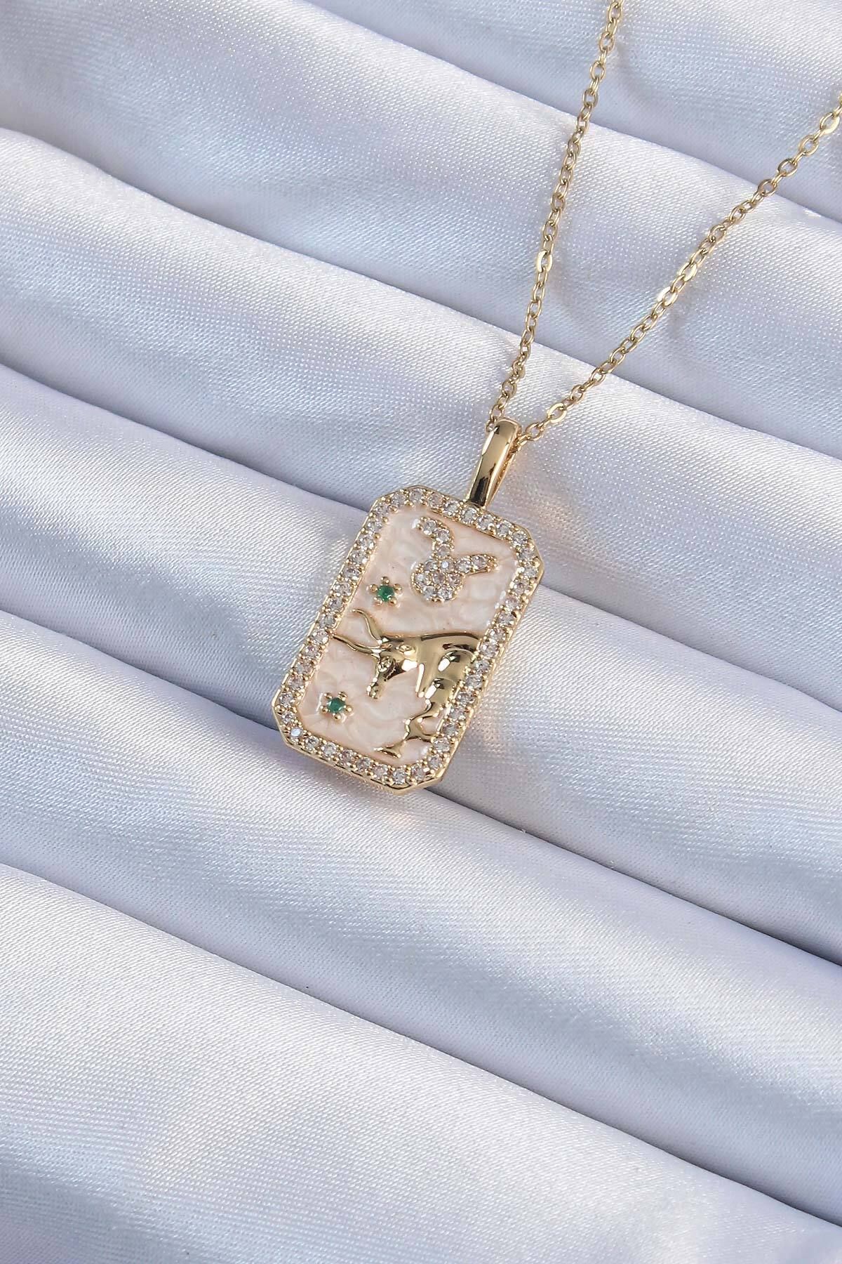 NEZADE STORE 316L Çelik Zincir Altın Renk Zirkon Taşlı Boğa Figürlü Tarot Kolye - Lisinya