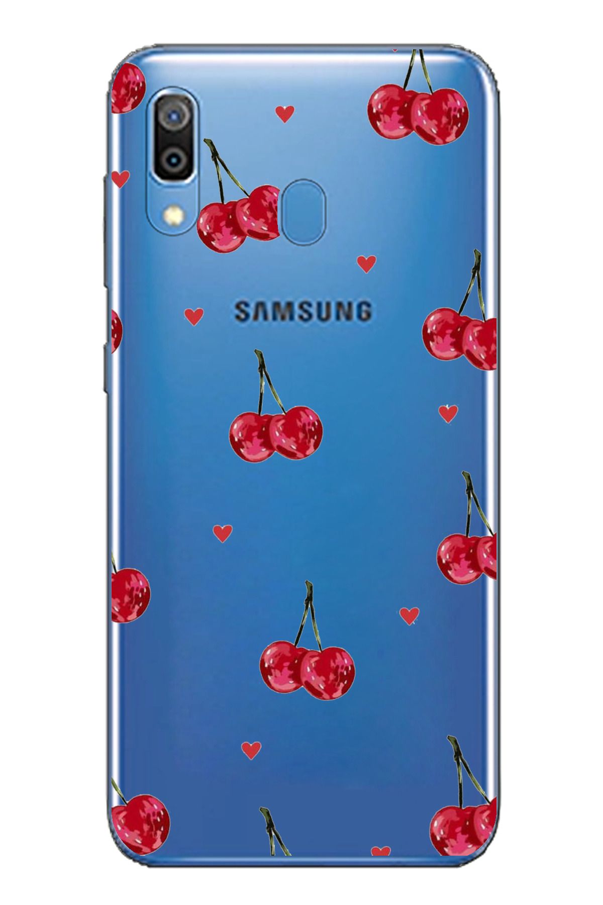 TechTree SAMSUNG Galaxy A20 / A30 Uyumlu Kirazlar ve Kalpler Tasarımlı Şeffaf Silikon Kılıf