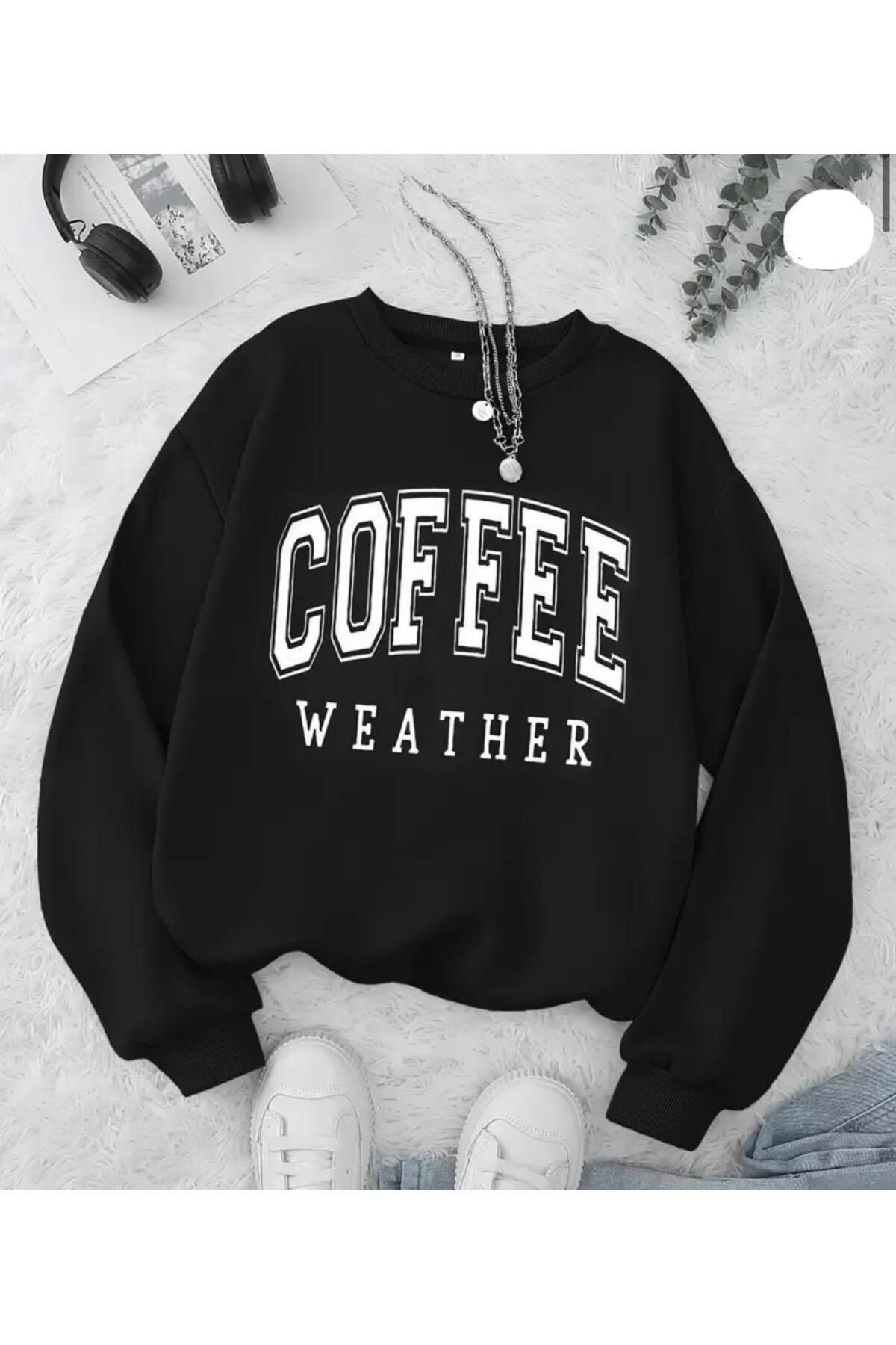 BU Wear Unisex Tam Kalıp Coffe Weather Baskılı Siyah Kapşonlu Sweat