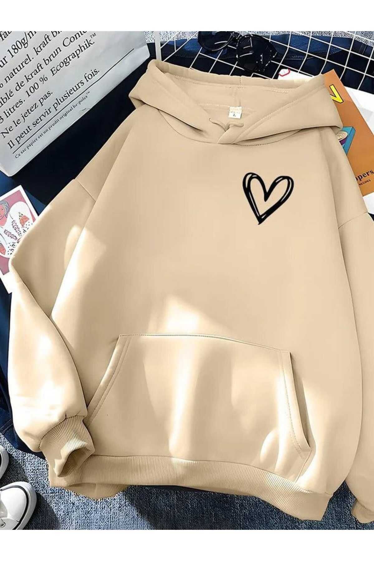 EFFRENATU Kışlık Sweatshirt kalp Baskılı Oversize Kalın Kapüşonlu Hoodie 3 iplik