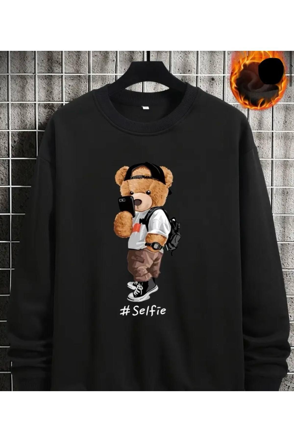 BU Wear Unisex Tam Kalıp Selfie Çeken Ayı Baskılı Siyah Kapşonlu Sweat