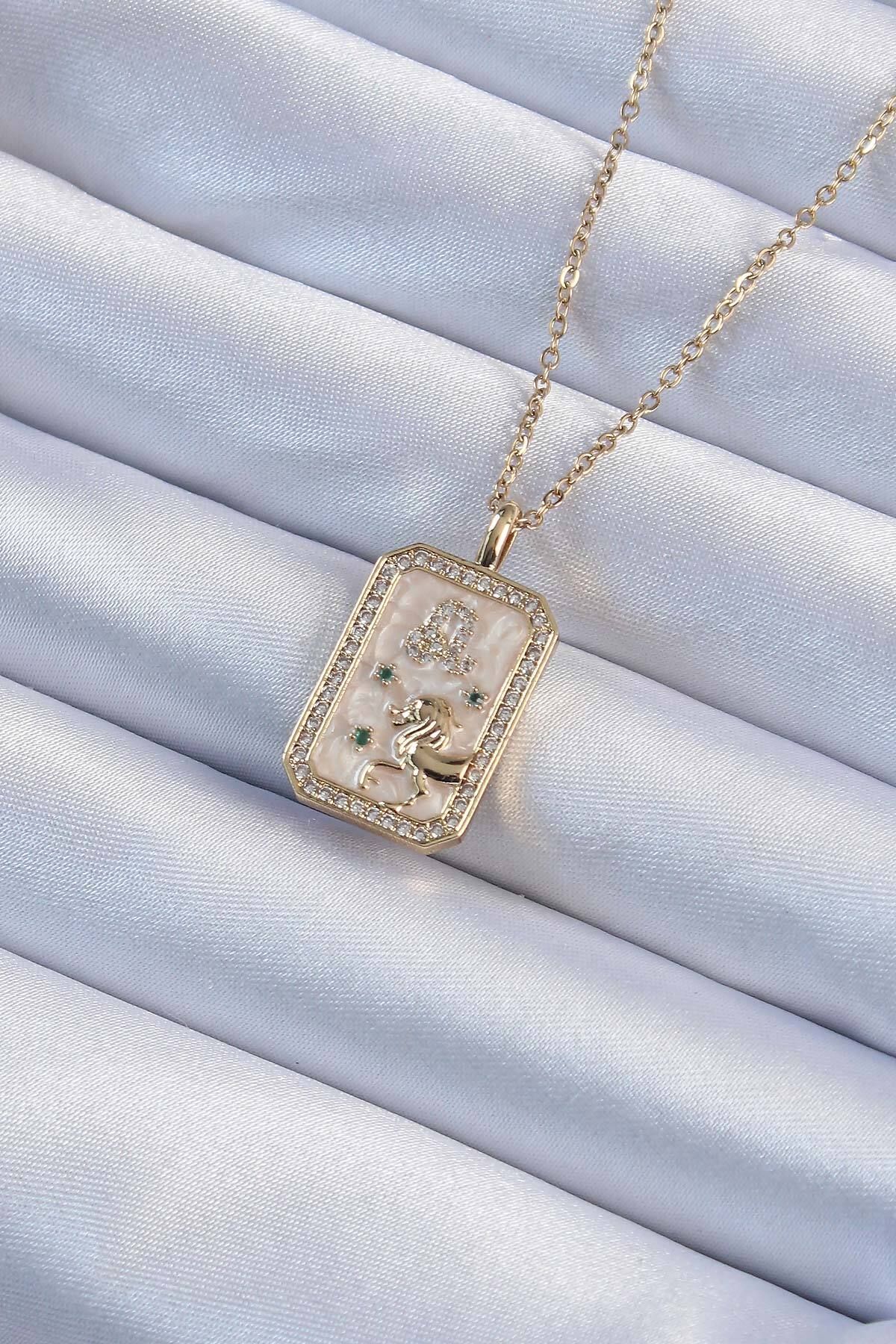 NEZADE STORE 316L Çelik Zincir Altın Renk Zirkon Taşlı Aslan Figürlü Tarot Kolye - Lisinya