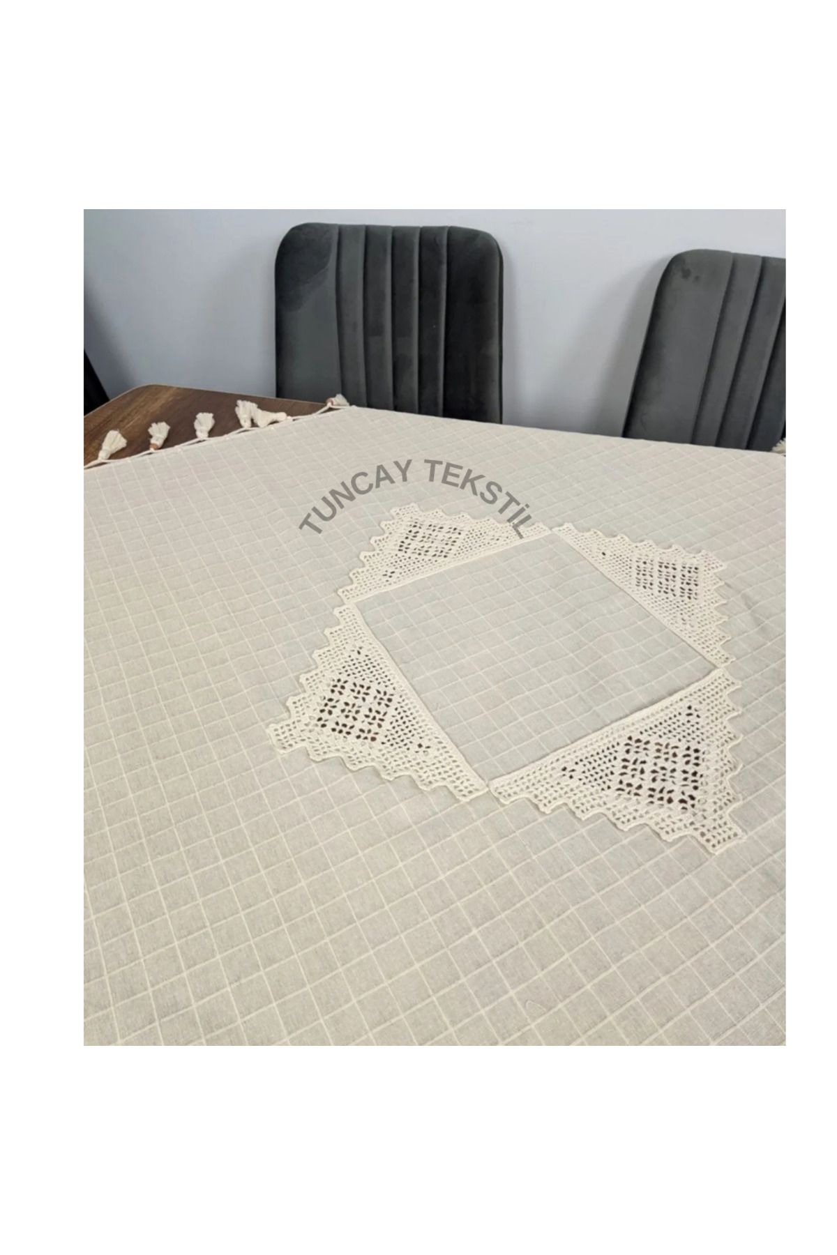 TUNCAY TEKSTİL-Hand Lace Hand Tied Fringed Tasseled Fiskos Square Cover Cloth Finding Linen Small Tablecloth 4