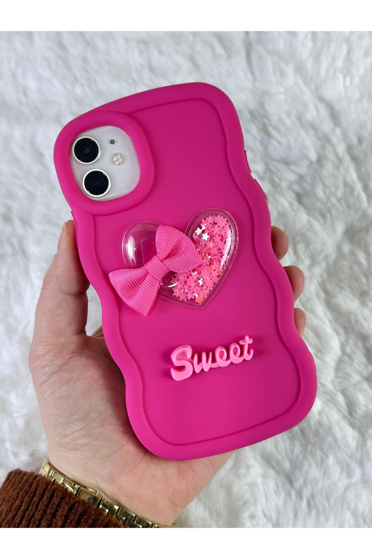 Vip Case iPhone 11 - Renkli Kalp Kurdele Detaylı Simli Dalgalı Sweety Kılıf