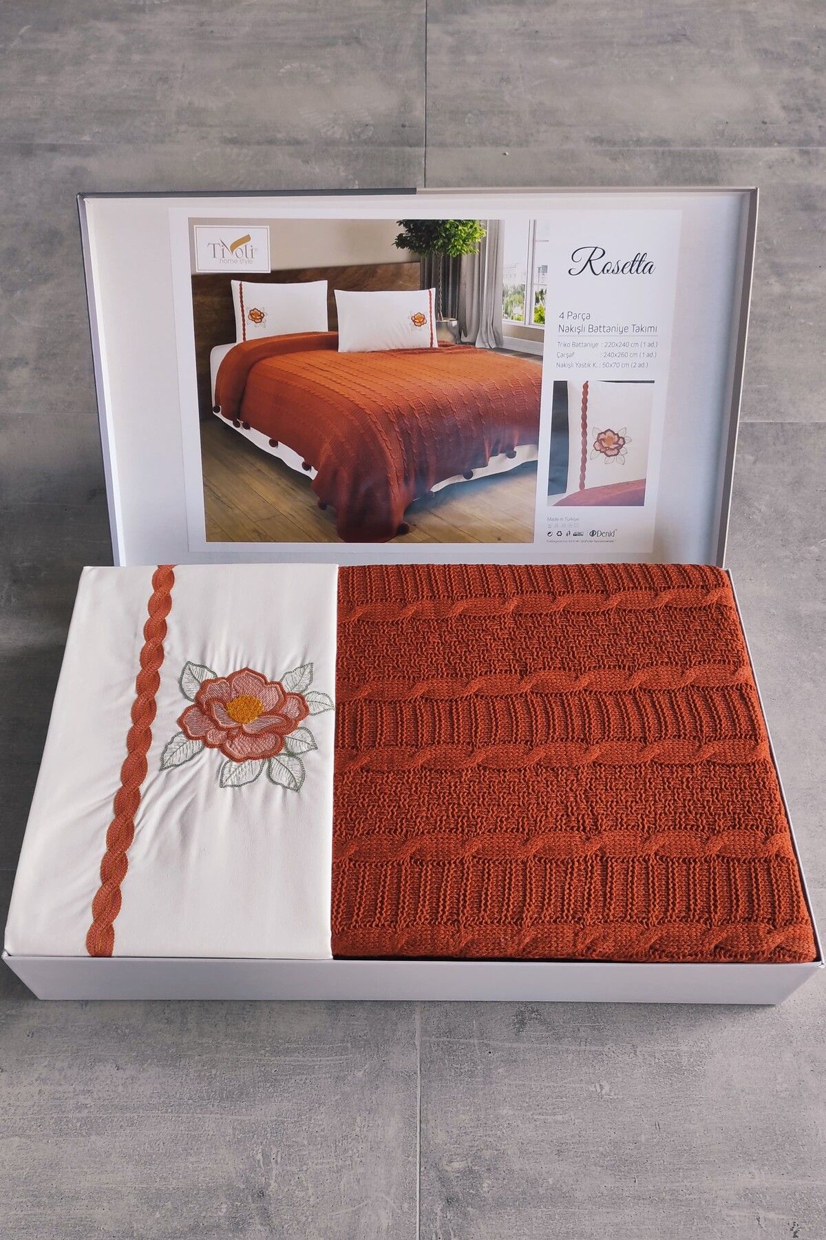 Sevim-Knitwear Knitted Blanket Set - Double 4 Pieces & Embroidered Bedding Set - Tivoli Rosetta - Terracota 5