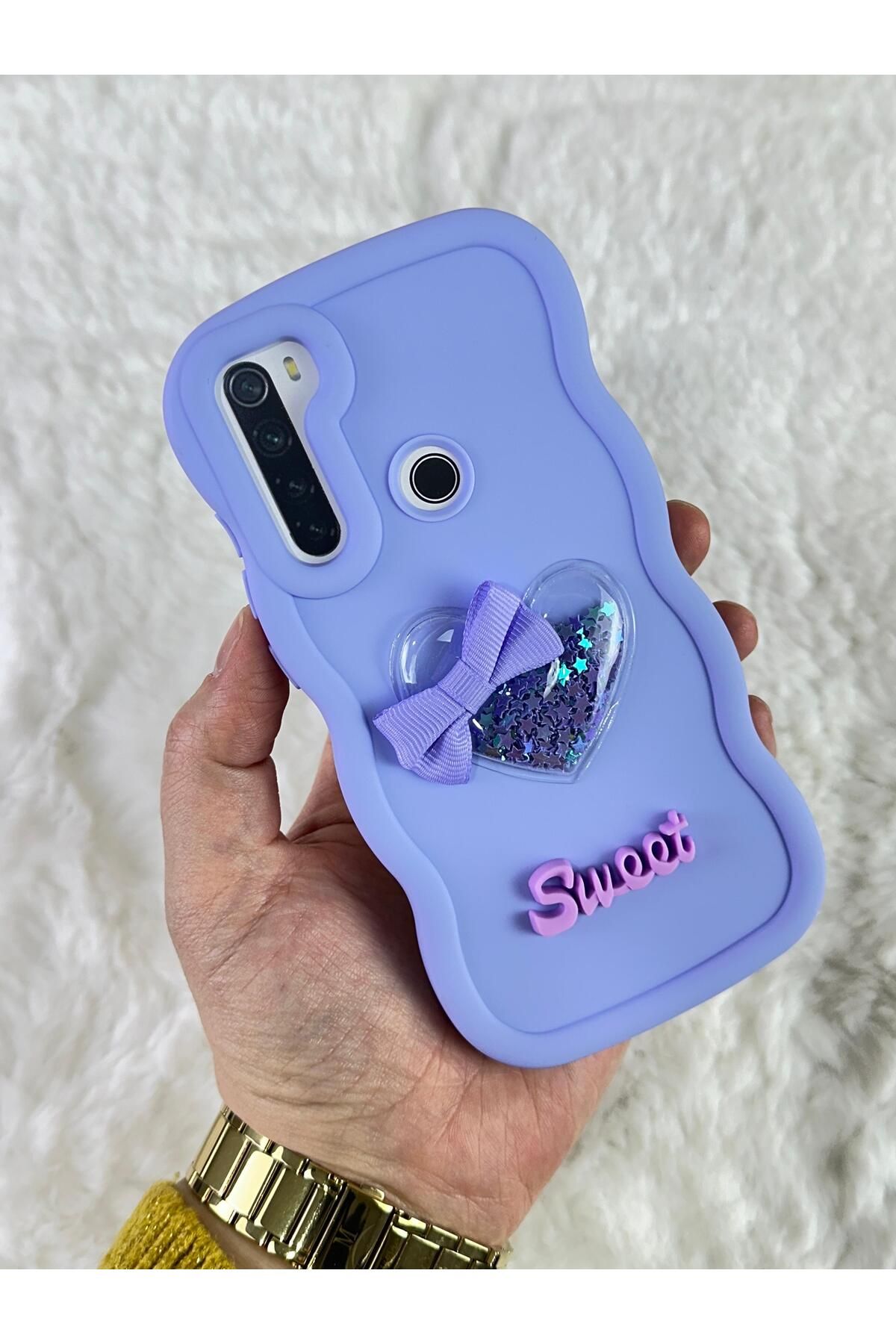 Vip Case Xiaomi Redmi Note 8 - Renkli Kalp Kurdele Detaylı Simli Dalgalı Sweety Kılıf