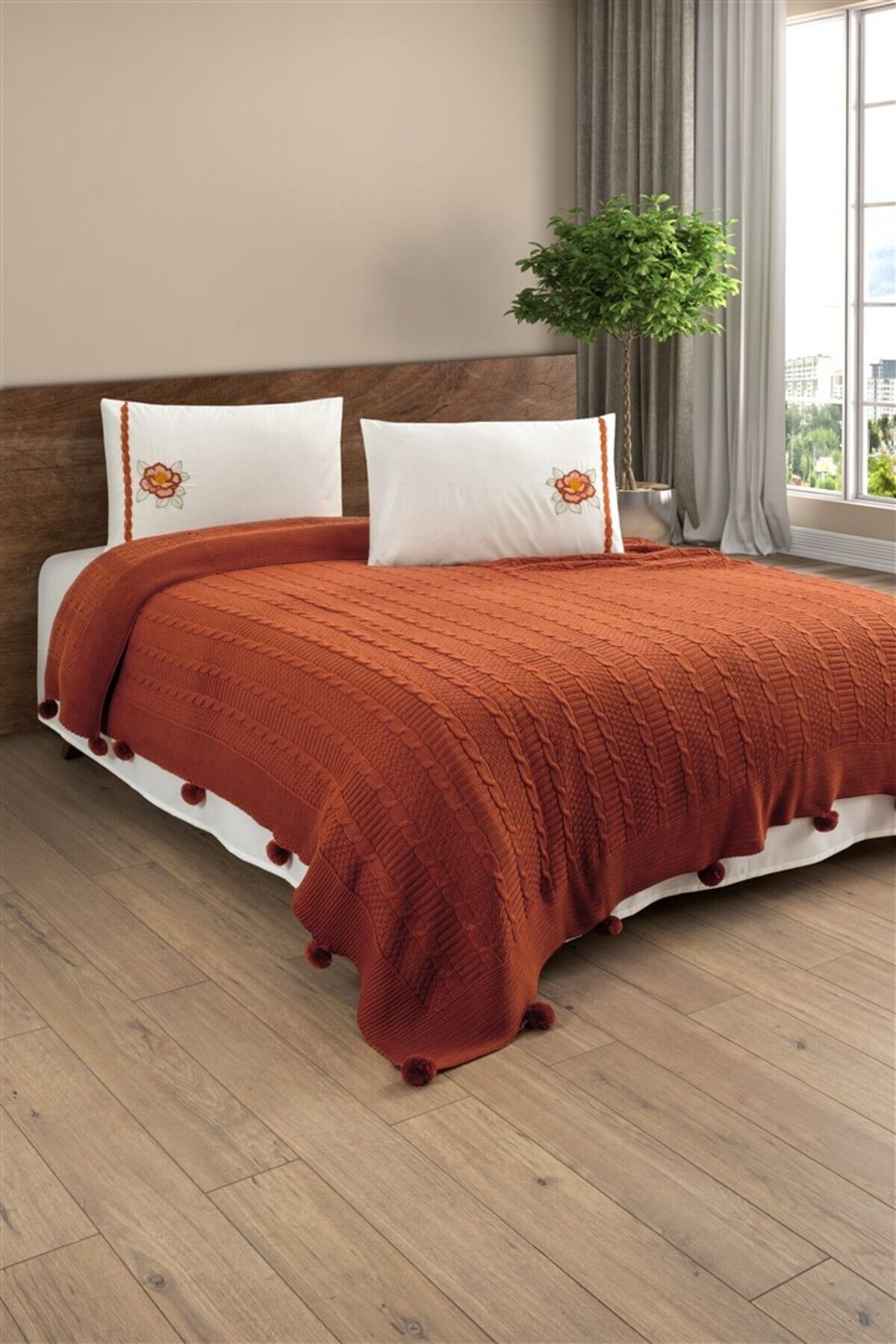 Sevim-Knitwear Knitted Blanket Set - Double 4 Pieces & Embroidered Bedding Set - Tivoli Rosetta - Terracota 1