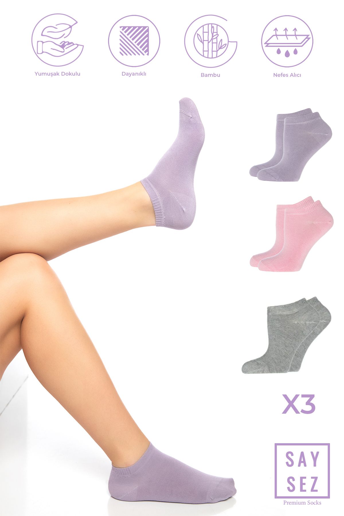 SAYSEZ-Bamboo Women's Booties Plain Grey-Pink-Lilac Socks Seamless Premium 3 Pack 1