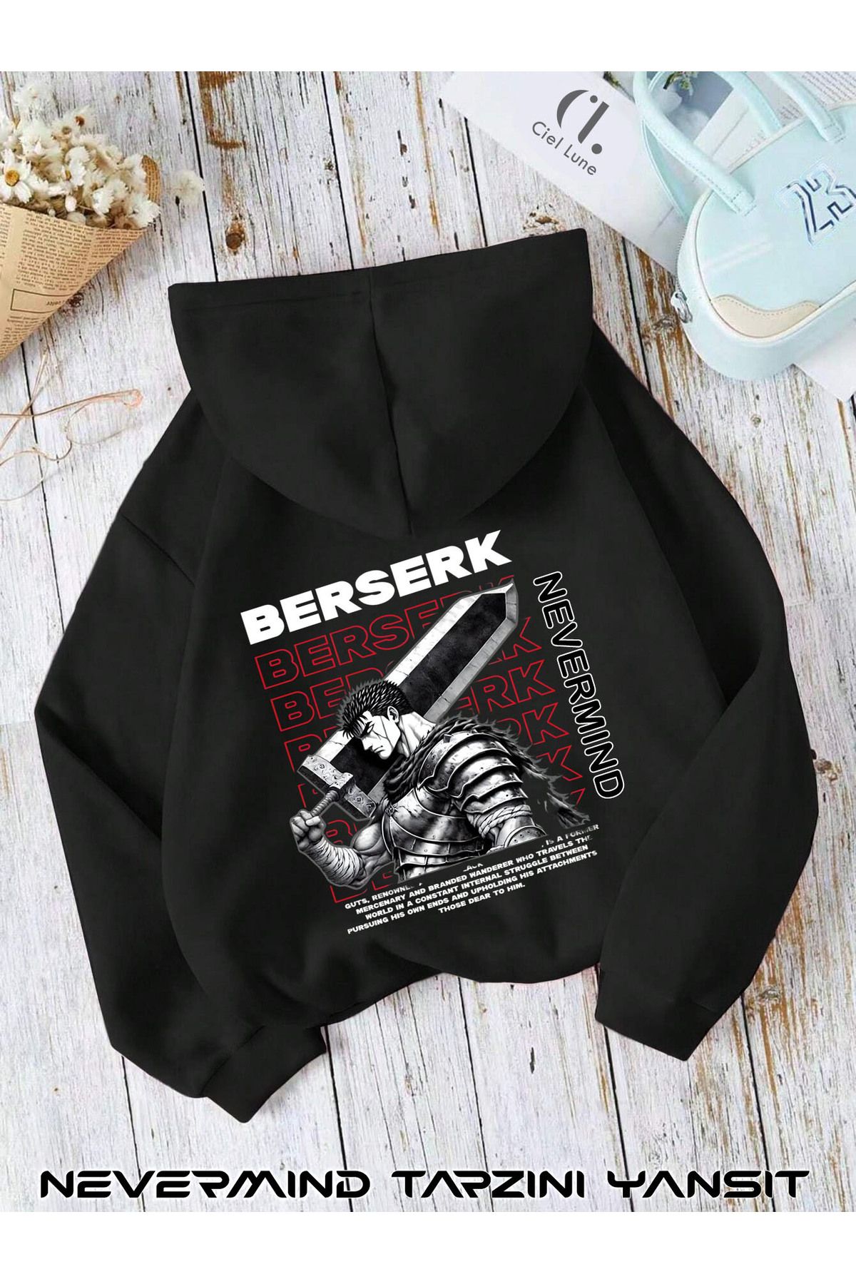 NEVERMIND Unisex Kadın Erkek Berserk Black Swordman Baskılı Özel Tasarım Baskılı Kapşonlu Sweatshirt