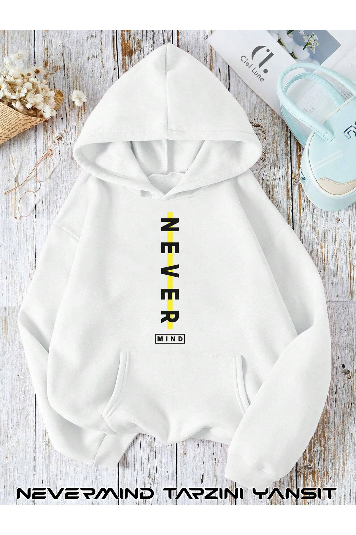 NEVERMIND Unisex Nevermind Slogan Düz Baskılı Oversize Baskılı Kapşonlu Sweatshirt 3 Iplik