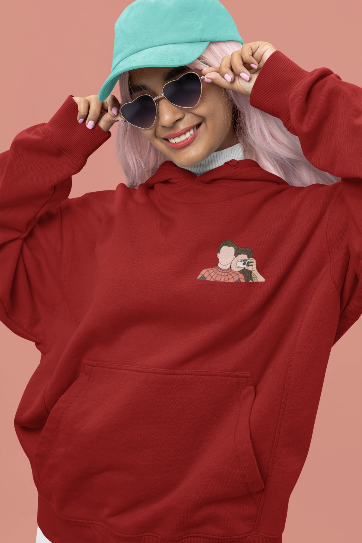 Alice Butik Örümcek Adam ve Sevgilisi Marvel Küçük Göğüs Baskılı Oversize Unisex Bordo Sweatshirt Hoodie