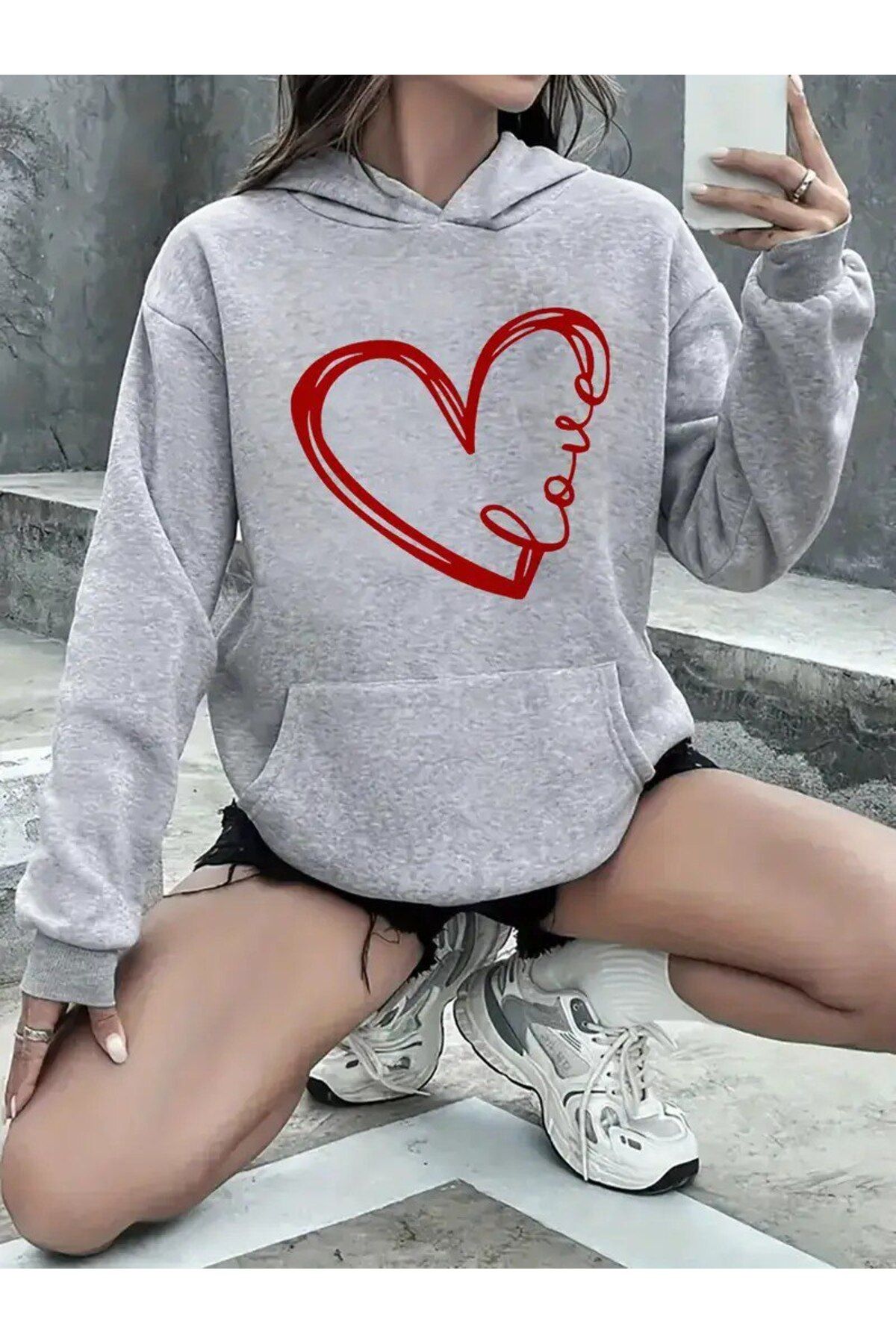 LAND MODA Kırmızı kalp Baskılı Kapüşonlu Sweatshirt Hoodie Oversize