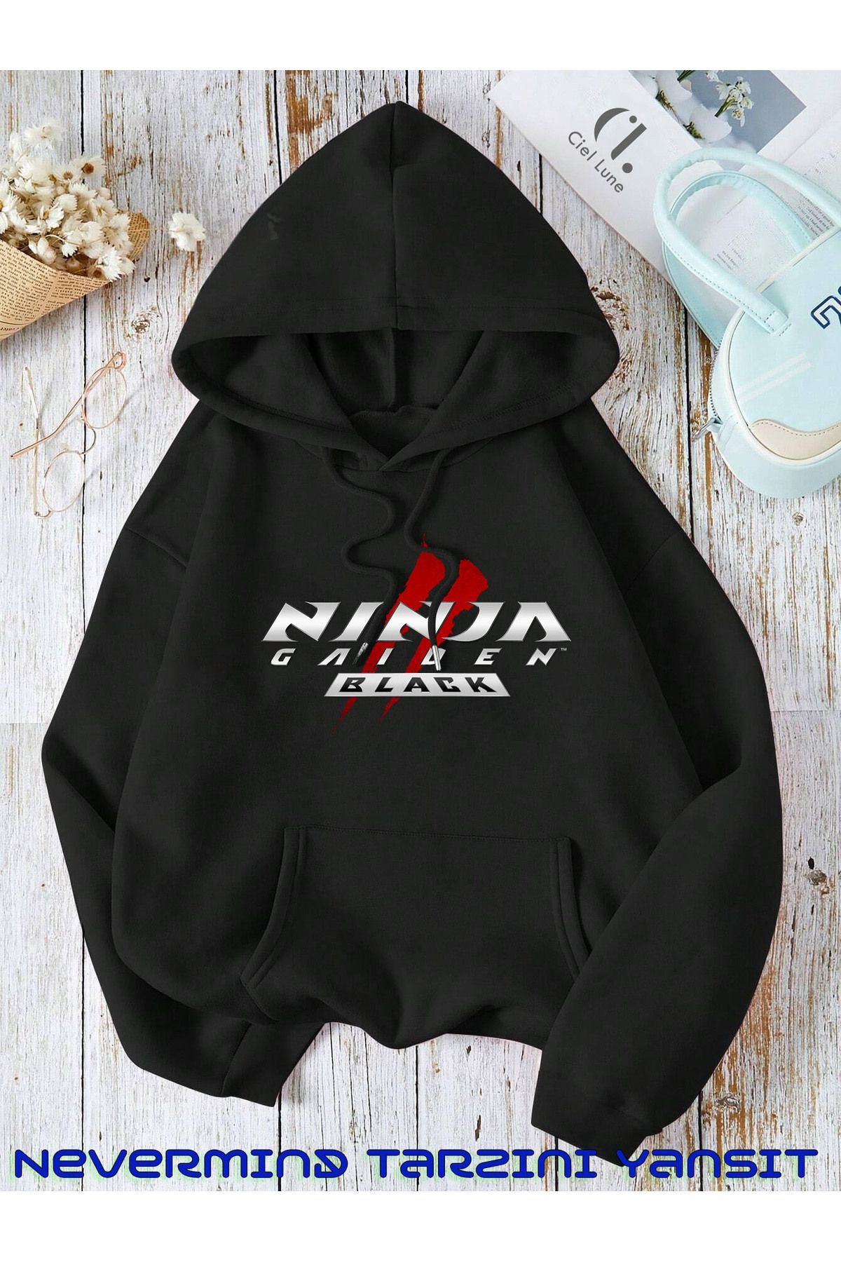 NEVERMIND Unisex Ninja Gaiden 2 Ön Arka Baskılı Oversize Baskılı Kapşonlu Sweatshirt 3 Iplik