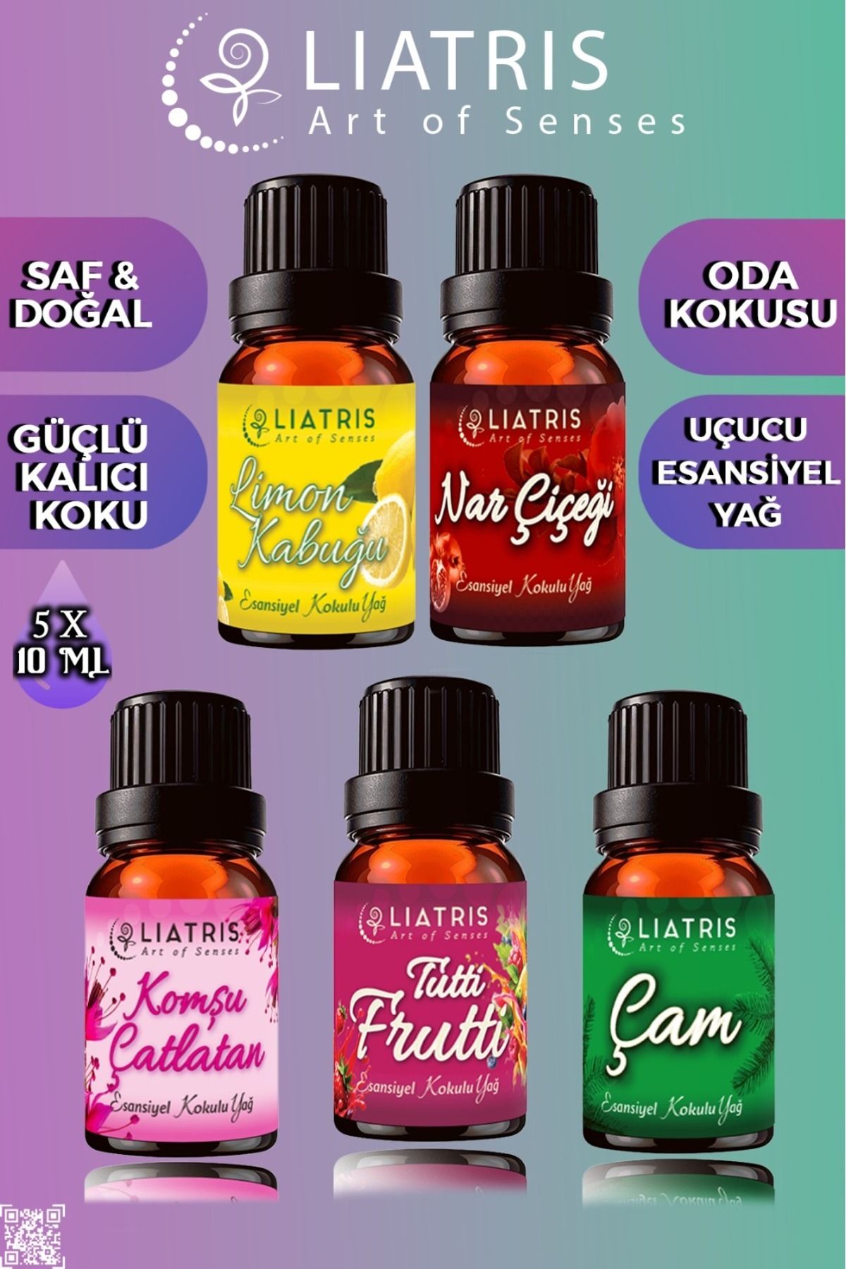 liatris LİMON KABUĞU-NAR ÇİÇEĞİ-TUTTI FRUTTI-KOMŞU ÇATLATAN-ÇAM esansiyel uçucu yağ 5*10 ml