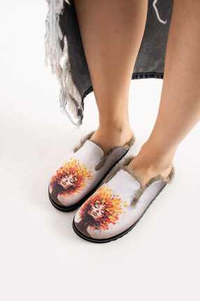 Lemoors Susana Peluş Tüylü Özel Tasarım Yaprak Saçlı Kadın Eva Taban Sabo Terlik