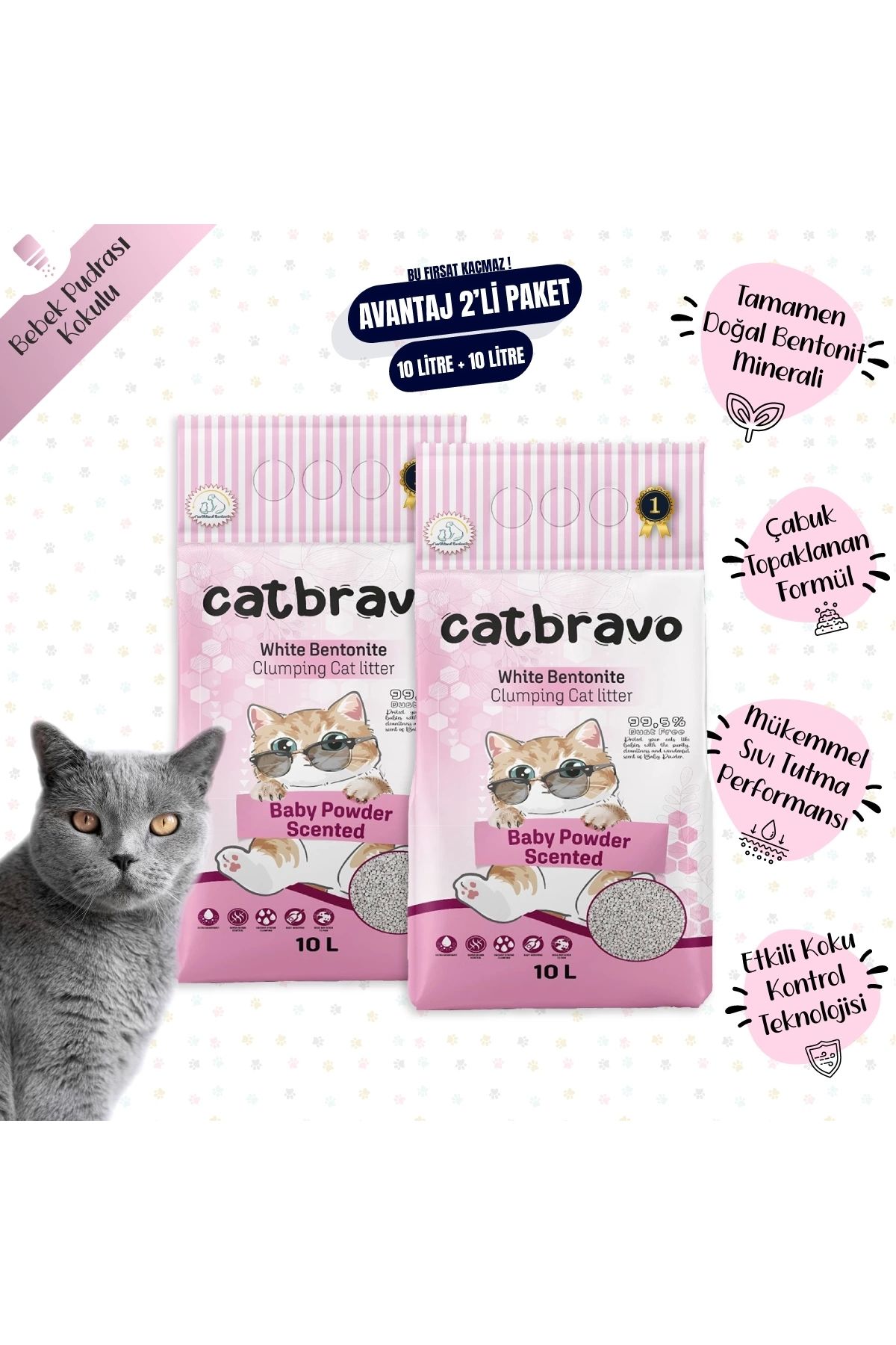 Catbravo Aktif Topaklanan Bebek Pudrası Kokulu Kedi Kumu 10 Lt X 2 Adet