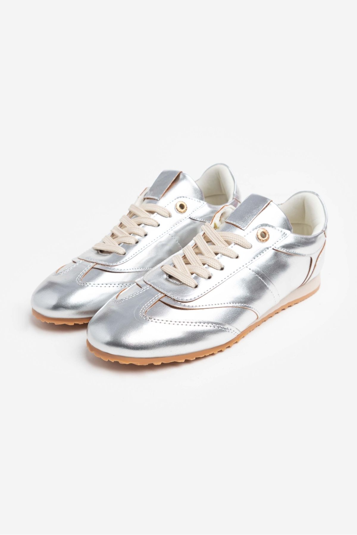 NİŞANTAŞI SHOES-Dámská šněrovací sportovní obuv Helen Silver Metallic Flat Sole 5