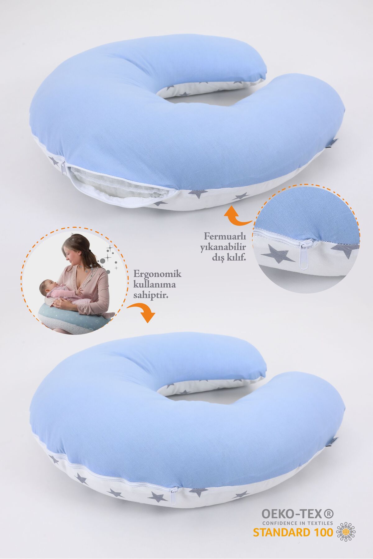 Umaybebek Emzirme Yastığı Minderi, Pamuk Kumaş - Mavi Beyaz Yıldız fotoğrafı 2 (önizleme)