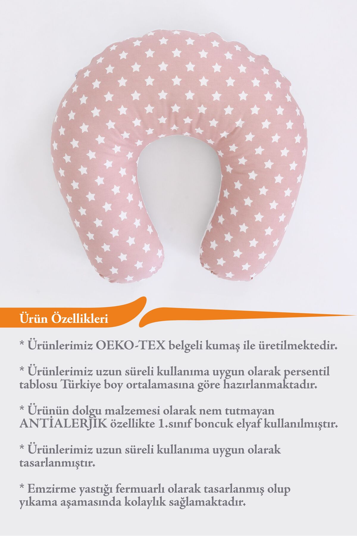 Fisun Baby Çift Taraflı Emzirme Yastığı Bebek Destek Minderi Hamile Yastığı %100 Pamuk - Bebek Pembe Yıldız fotoğrafı 3 (önizleme)