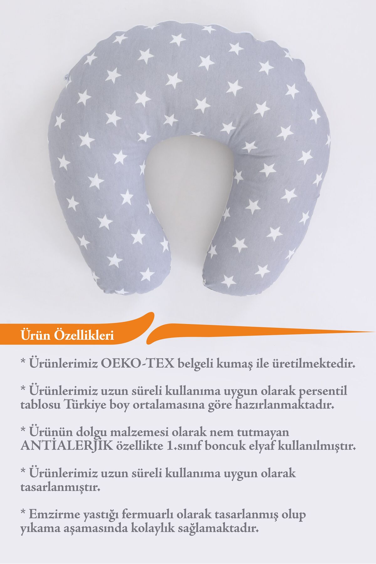 Fisun Baby Çift Taraflı Emzirme Yastığı Bebek Destek Minderi Hamile Yastığı %100 Pamuk - Bebek Gri Yıldız fotoğrafı 3 (önizleme)