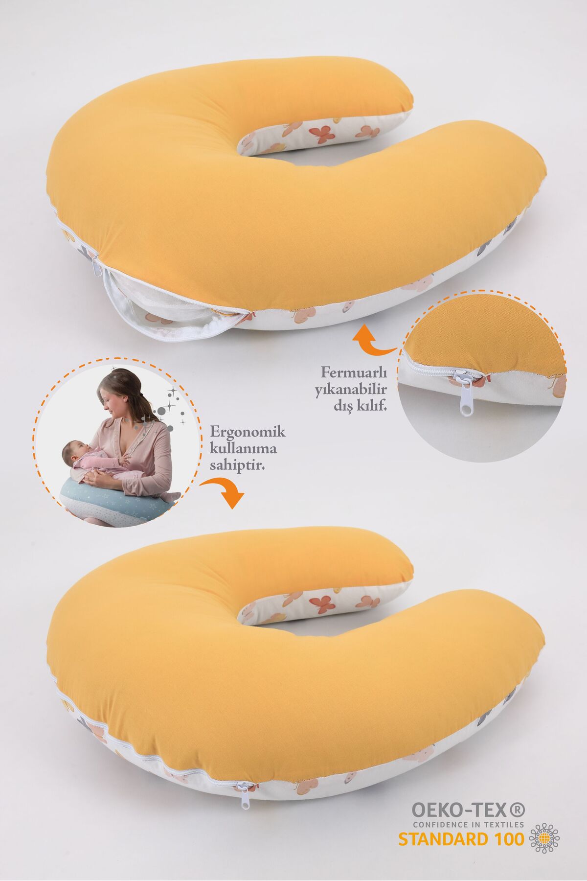 Umaybebek Pamuklu Emzirme Yastığı Minderi, Pamuk Kumaş - Hardal Kelebek Baskılı fotoğrafı 2 (önizleme)