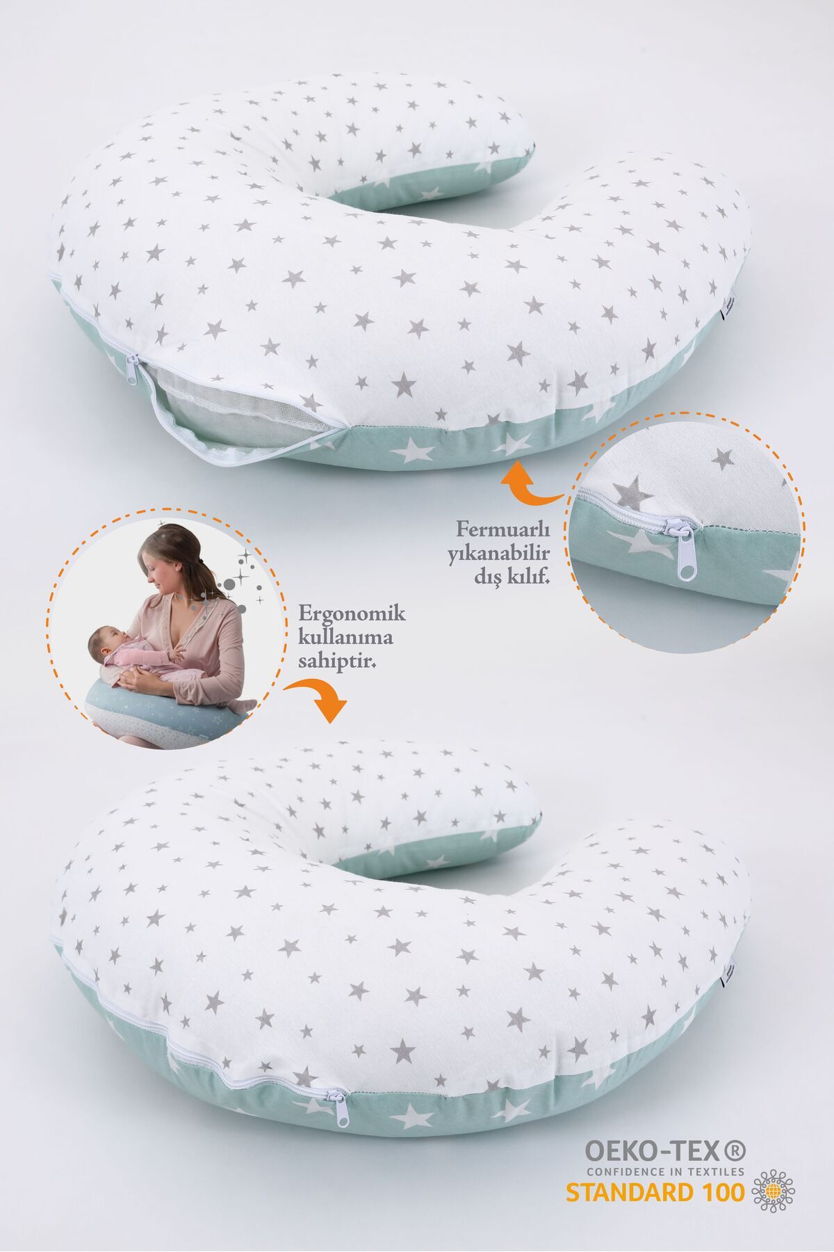 Umaybebek Emzirme Yastığı, Emzirme Önlüğü Set - Pamuklu Kumaş - Yeşil Gri fotoğrafı 3 (önizleme)