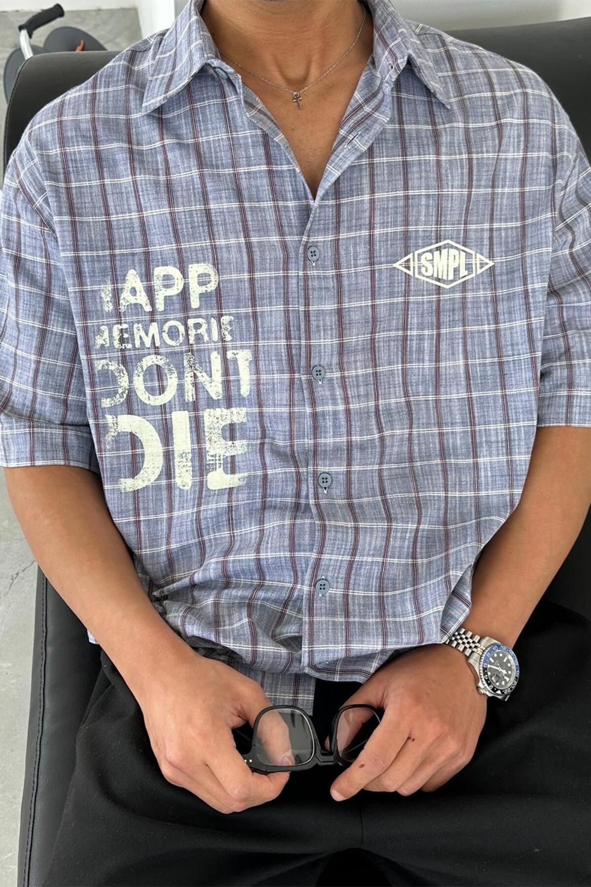 HAFKAGİYİM-Blue Old School Smpl Printed Short Sleeve Shirt 4