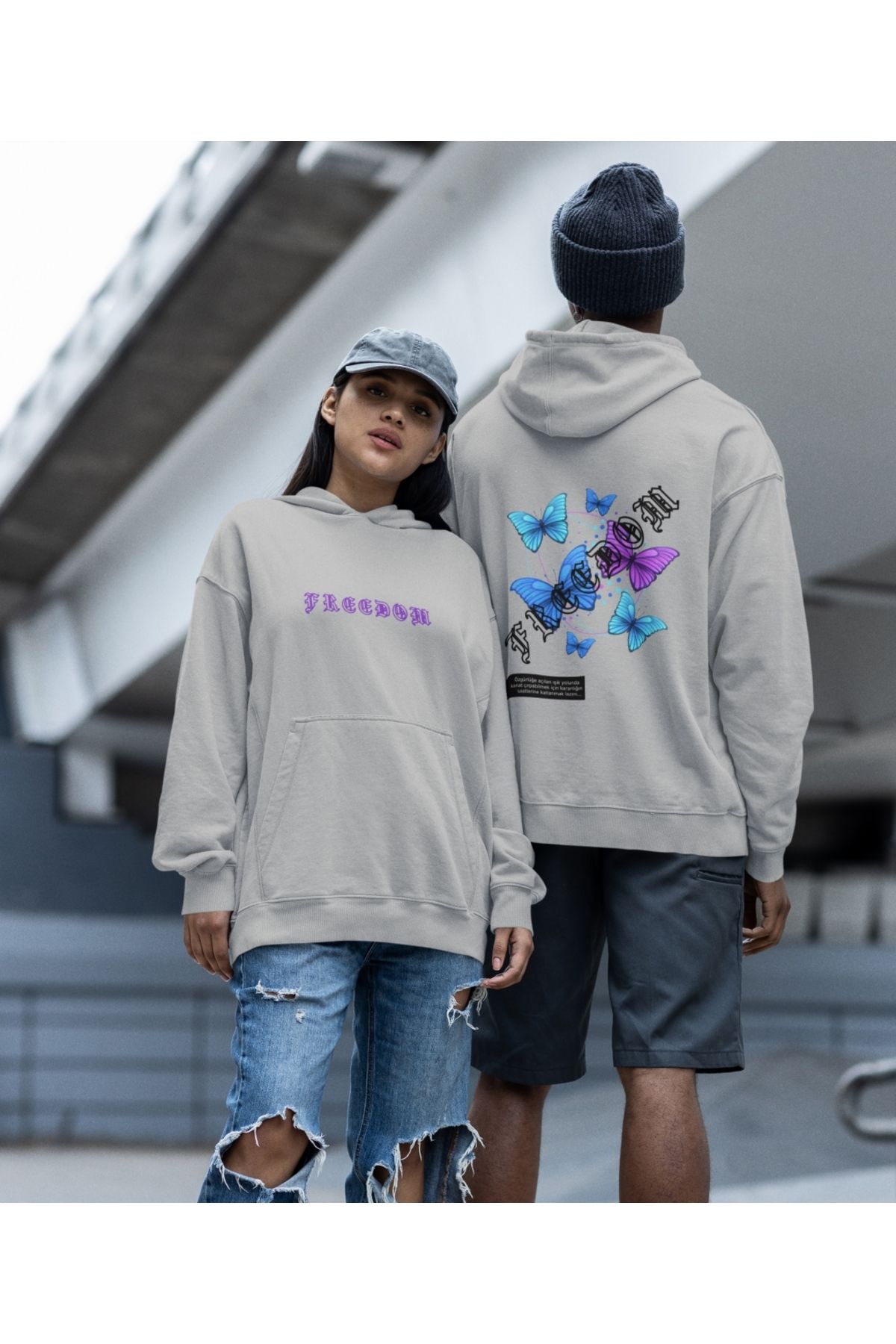 Terziligiyin freedom(özgürlük) kelebek baskılı çift sweatshirt 2'li set