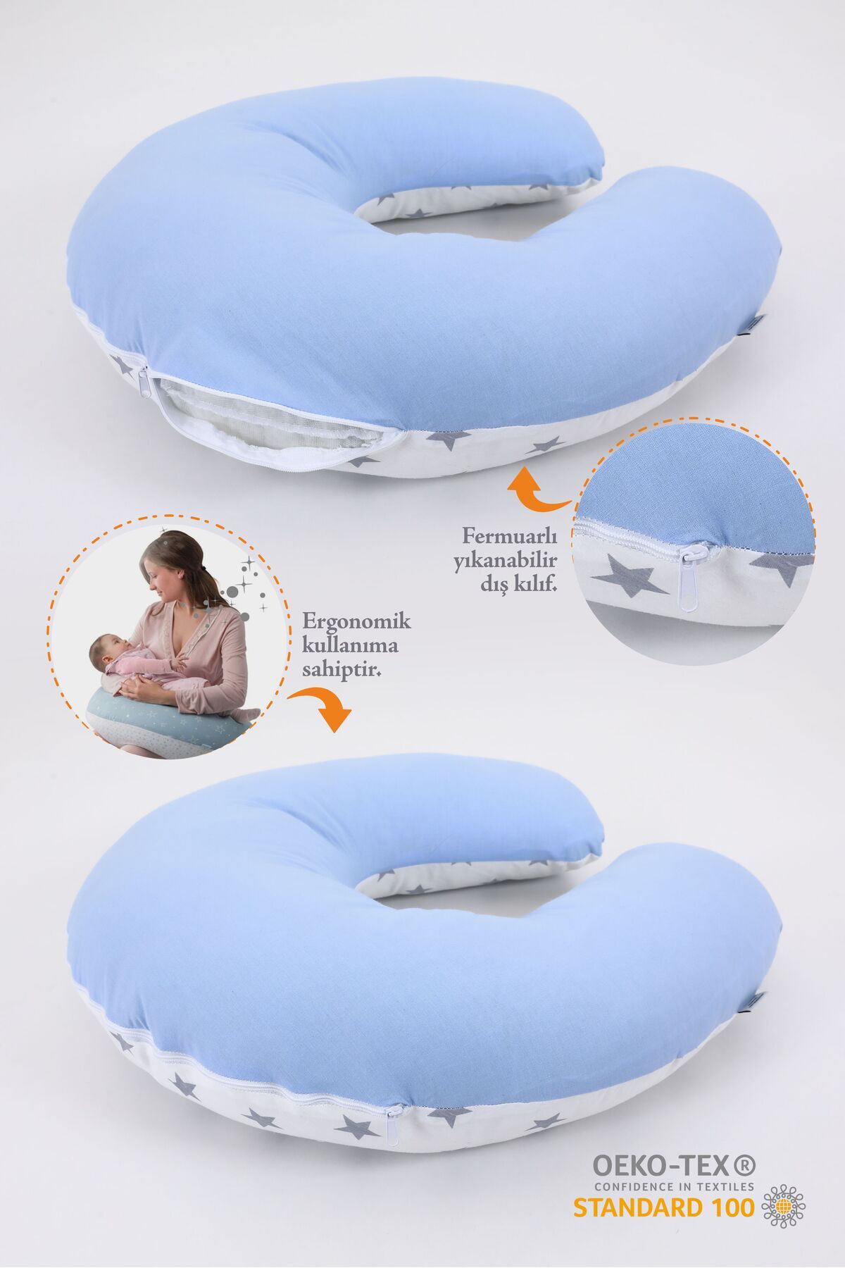 Umaybebek Emzirme Yastığı, Emzirme Önlüğü Set - Pamuklu Kumaş - Mavi Beyaz Yıldız fotoğrafı 3 (önizleme)