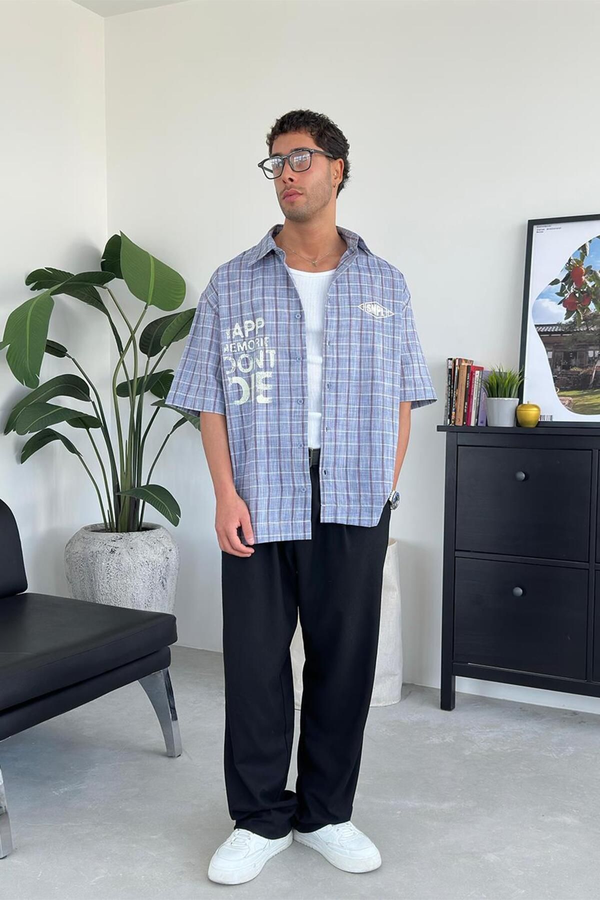 HAFKAGİYİM-Blue Old School Smpl Printed Short Sleeve Shirt 7