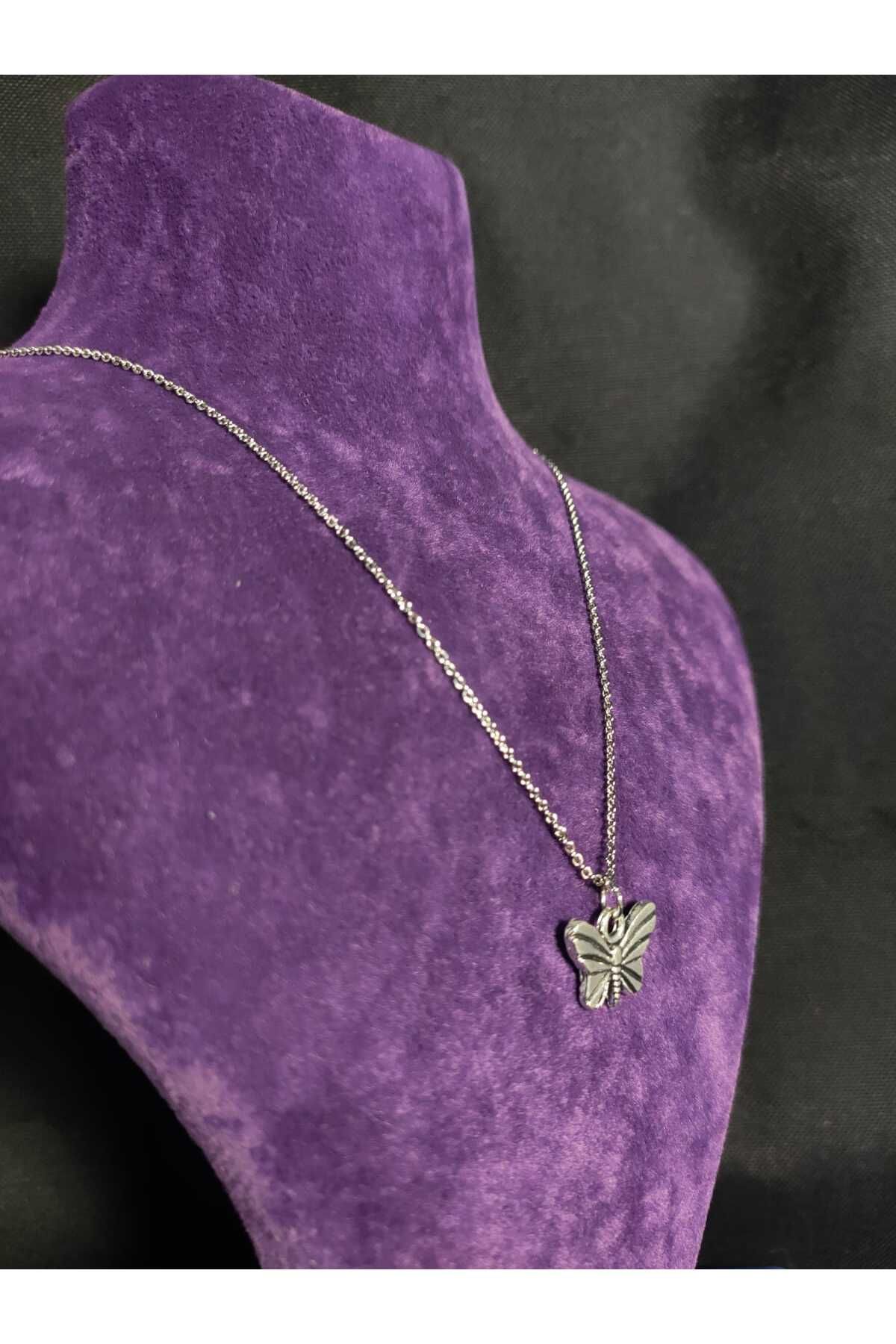 sarıyer silver-Minimal Steel Necklace with Butterfly Figure Without Stone 5