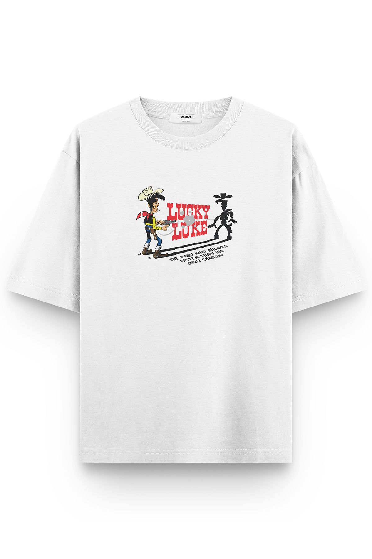 Overoz-Lucky Luke Printed White Oversize T-Shirt - Unisex, Lettering, 1356 1