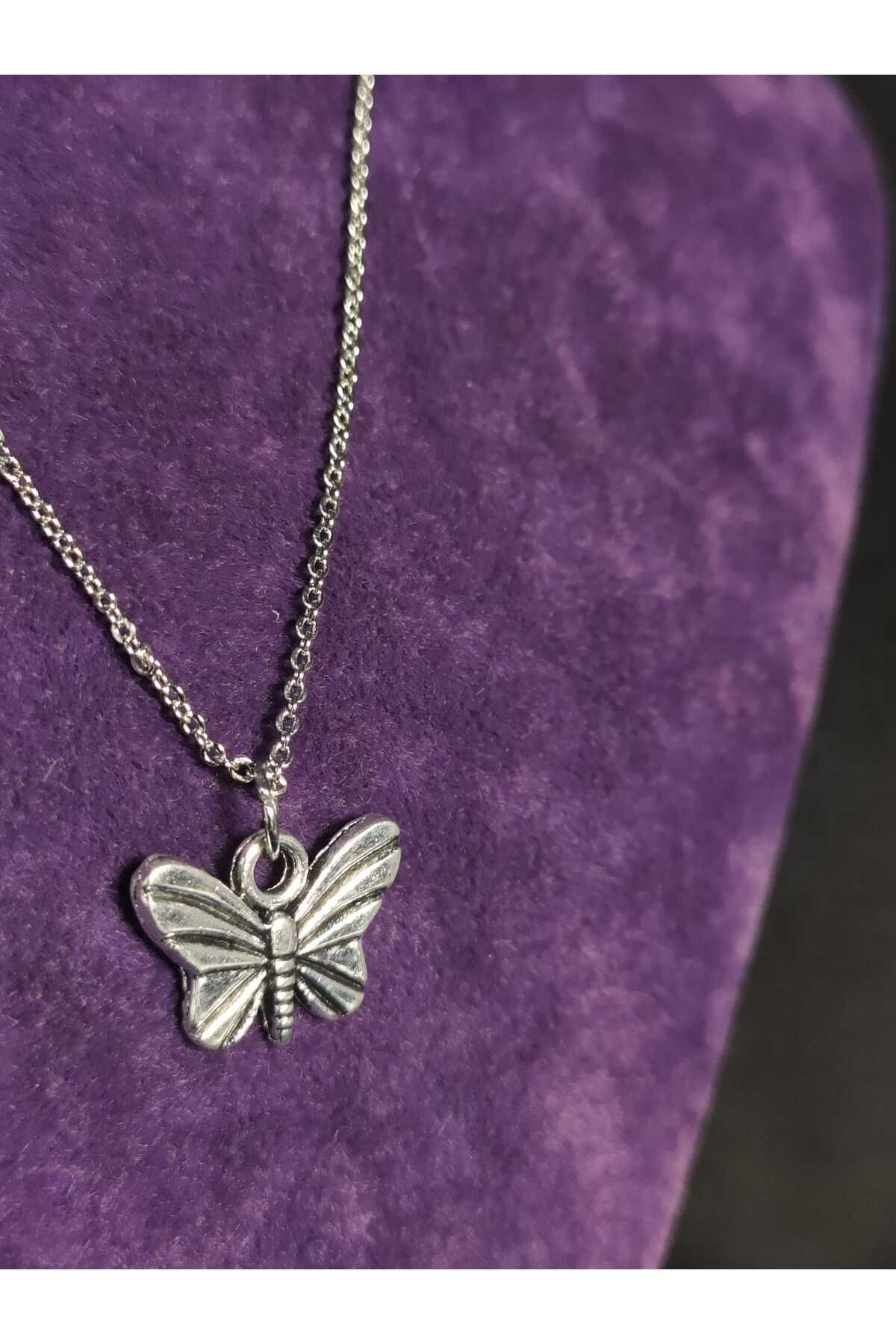 sarıyer silver-Minimal Steel Necklace with Butterfly Figure Without Stone 6